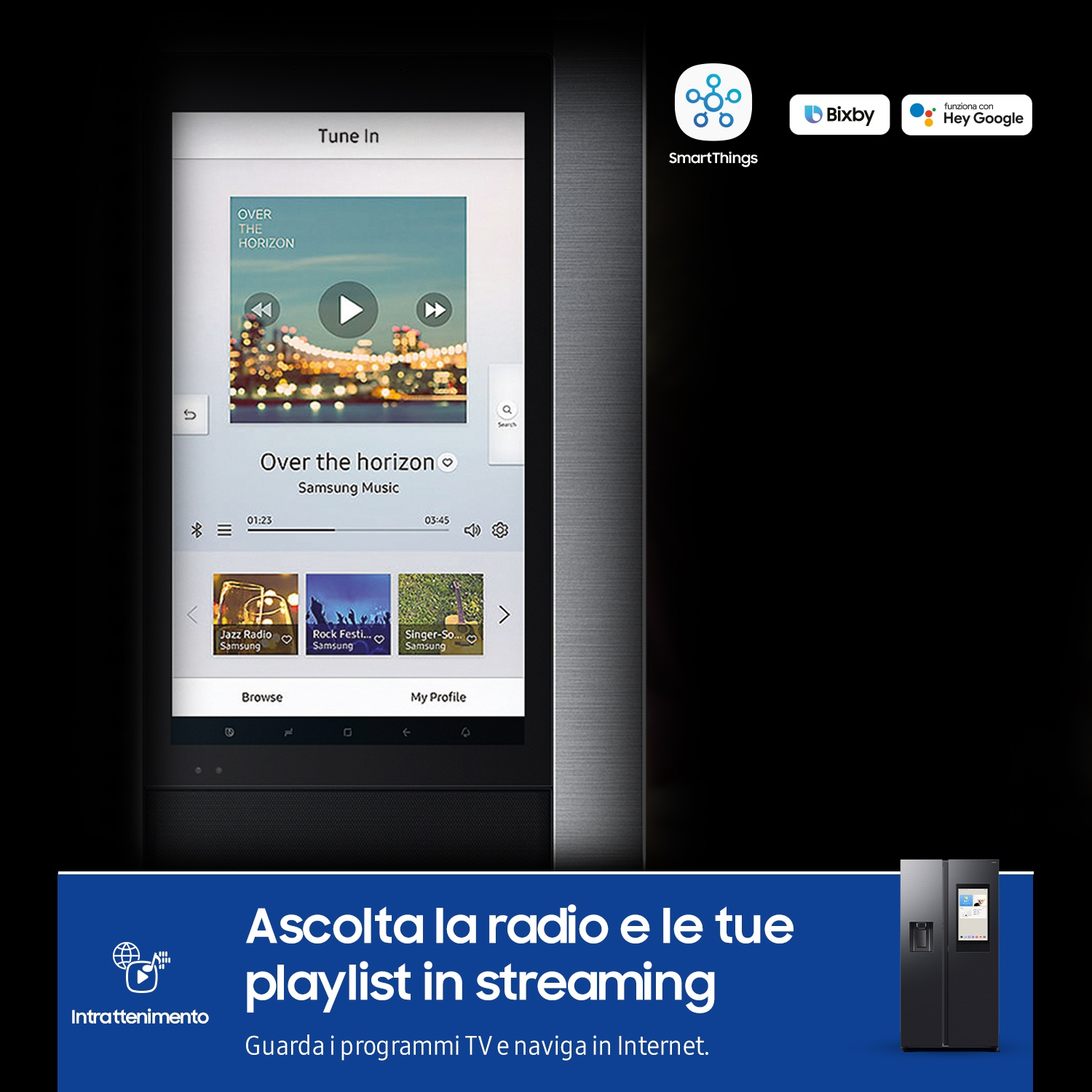 Smartphone con app musica, SmartThings, Bixby, Google Assistant. Sotto un frigorifero.