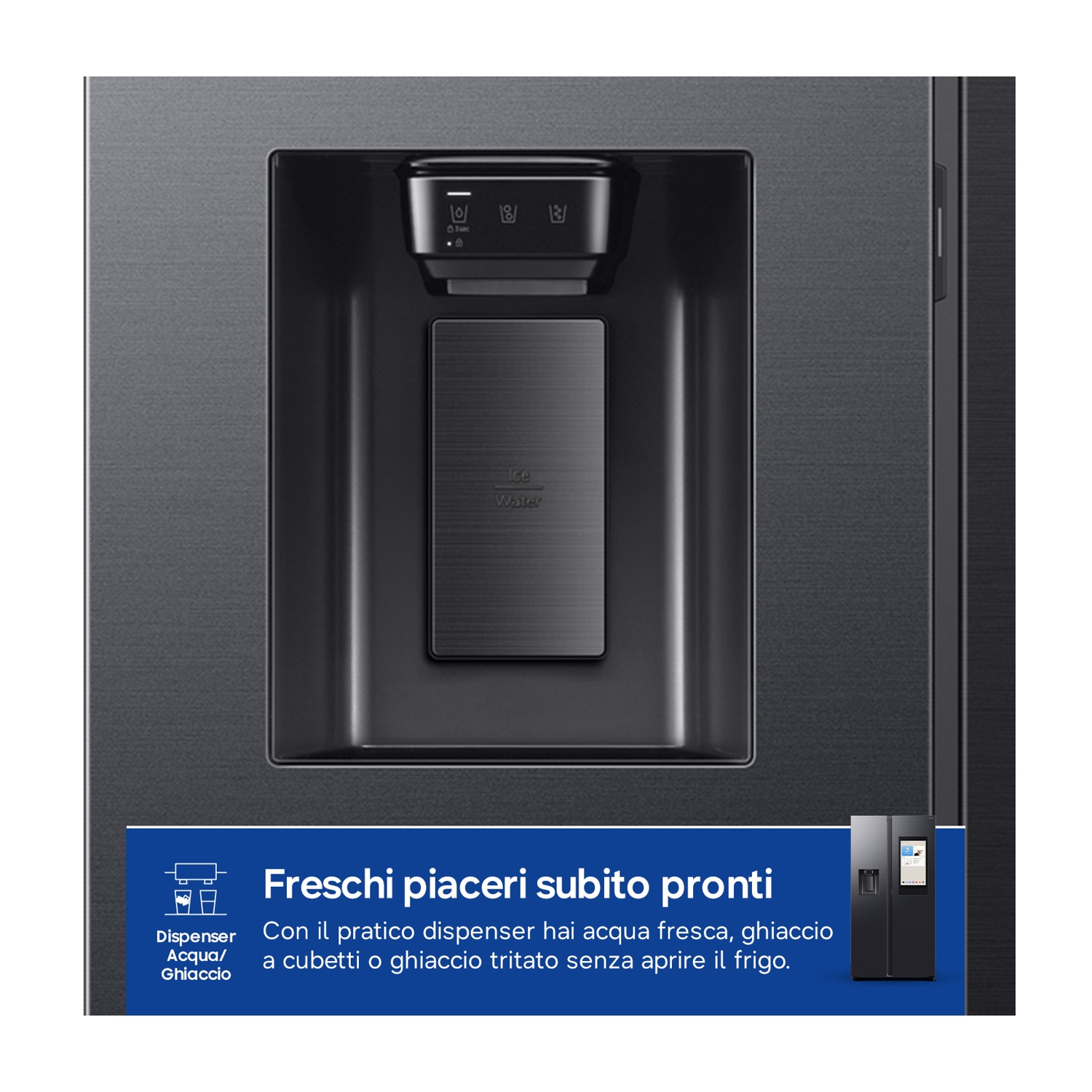 Primo piano del dispenser d'acqua di un frigorifero con opzioni ghiaccio e acqua.