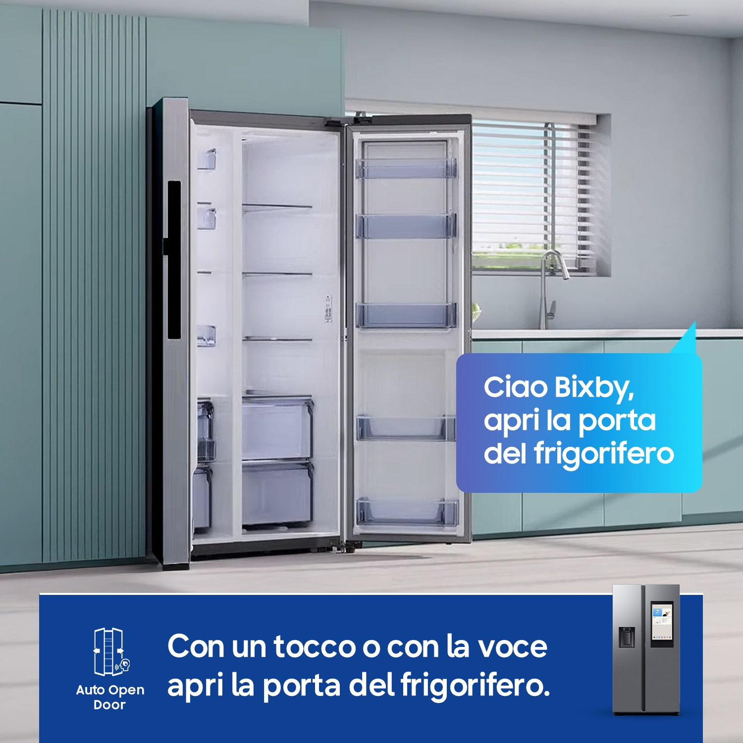 Un frigorifero aperto con touchscreen accanto a un'unità chiusa.