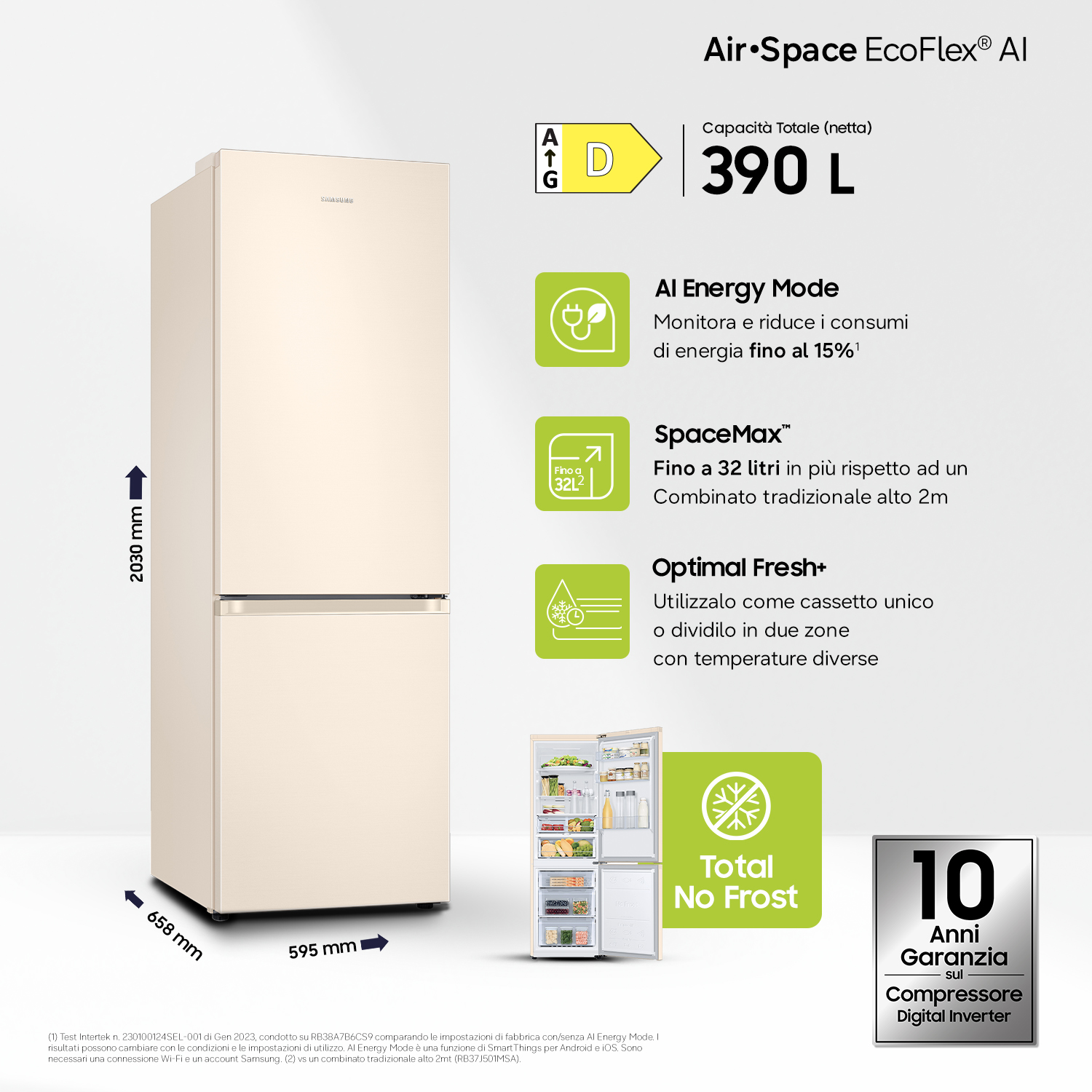 Frigorifero Samsung beige con dimensioni e caratteristiche. Frigo aperto mostra ripiani.