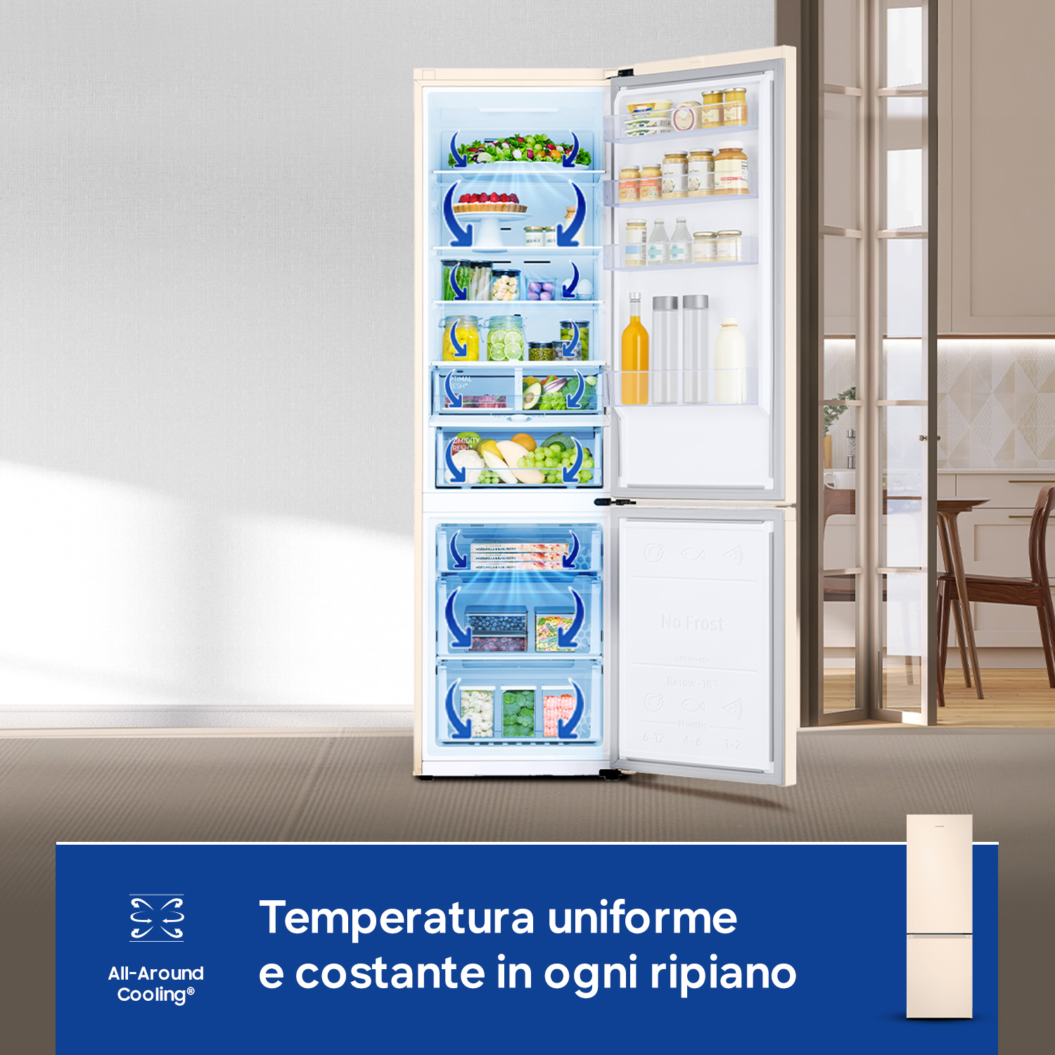 Un frigorifero aperto color crema con scomparti pieni. "All-Around Cooling".