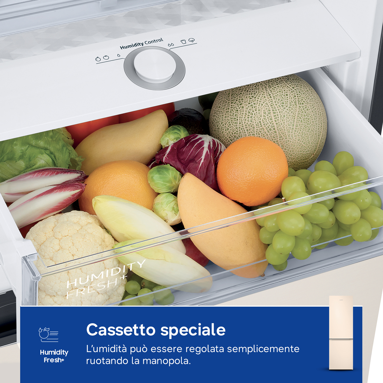 Cassetto fresco con frutta e verdura, con manopola controllo umidità.