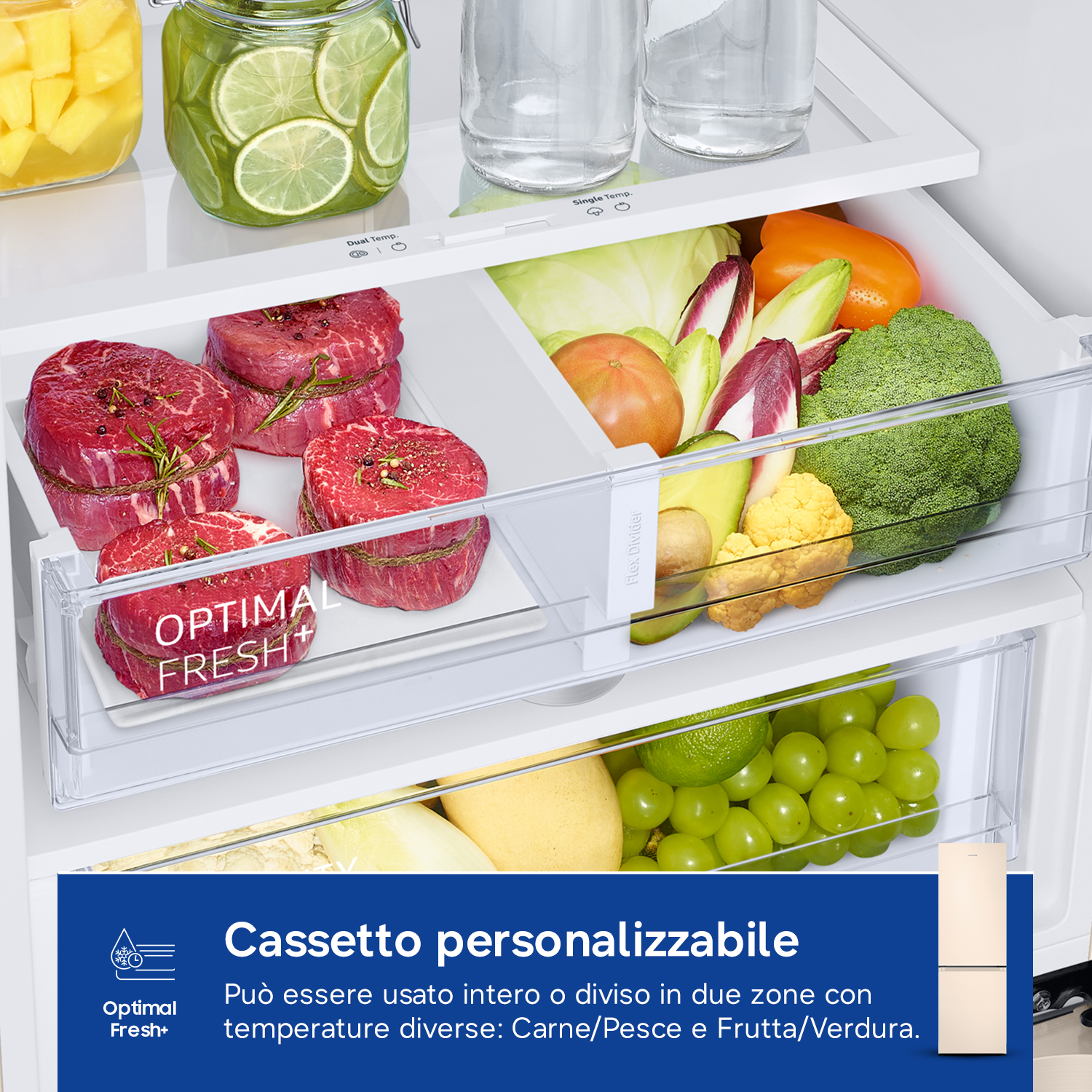 Cassetti frigorifero con carne, verdure, frutta e barattoli di ananas e lime.