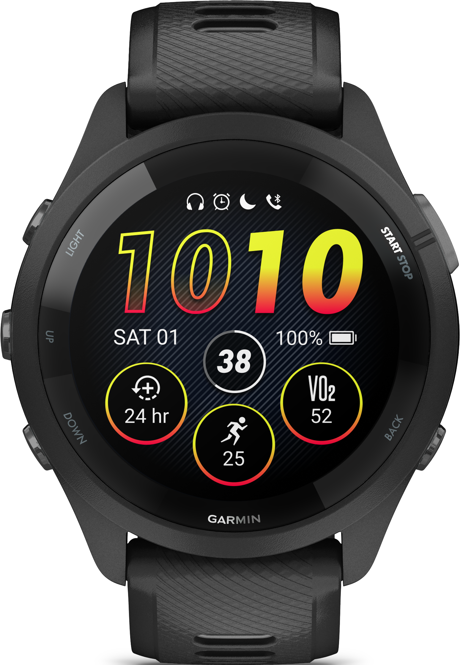 Une montre connectée noire affiche 1010, date, batterie et données d'entraînement.