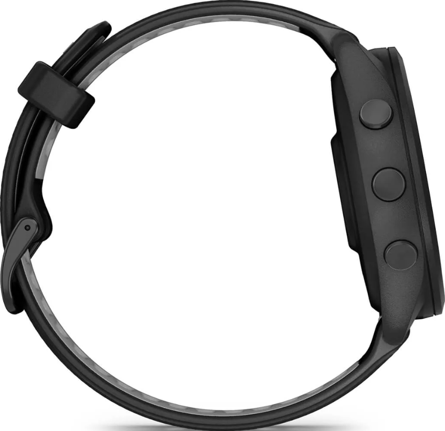 Montre de sport noire avec trois boutons latéraux et un bracelet en caoutchouc.