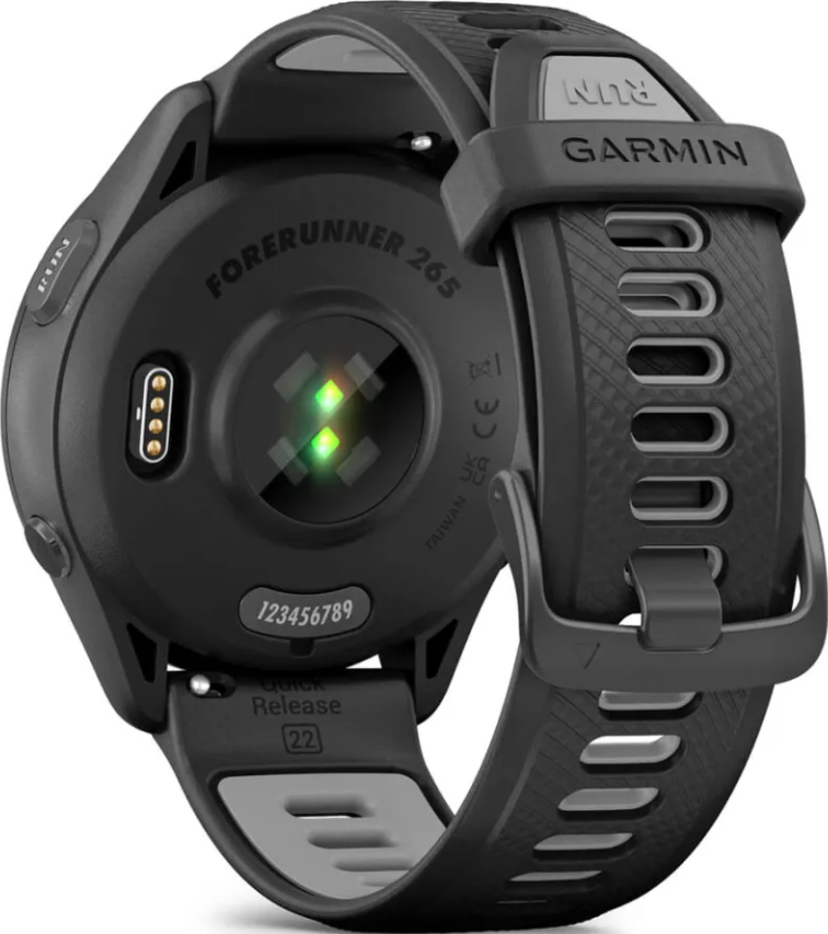 Arrière d'une montre Garmin Forerunner 265 noire, capteur de fréquence cardiaque et bracelet.