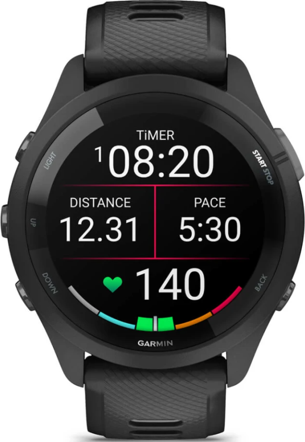 Montre connectée noire affiche minuterie 1:08:20, distance 12,31, allure 5:30.
