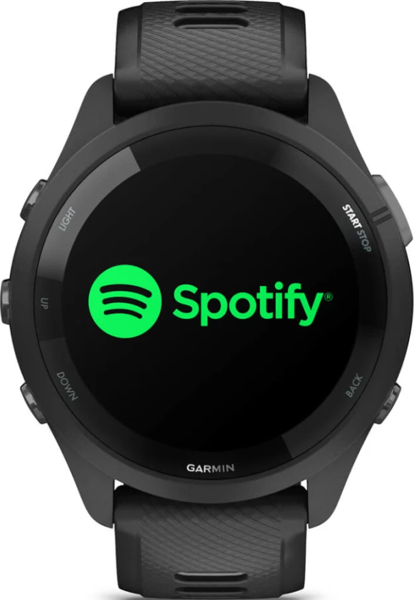 Montre connectée noire affichant le logo Spotify et le logo Garmin.