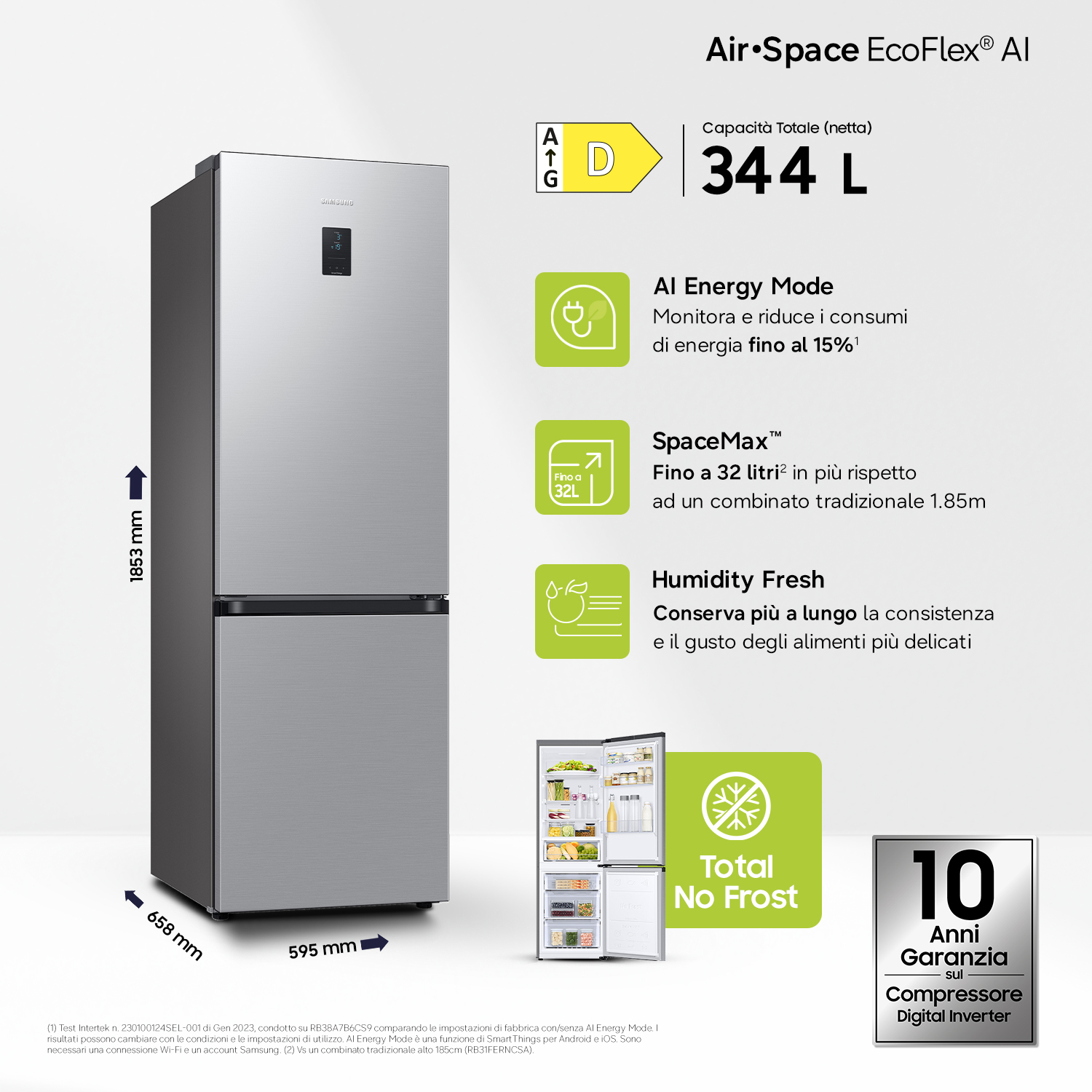 Un frigorifero Samsung argento a due porte con classe energetica D.