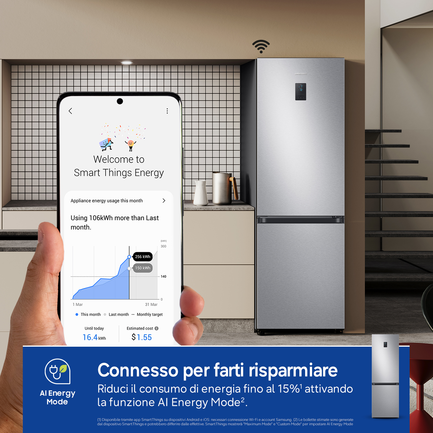 Un frigorifero Samsung con AI Energy Mode su schermo smartphone.