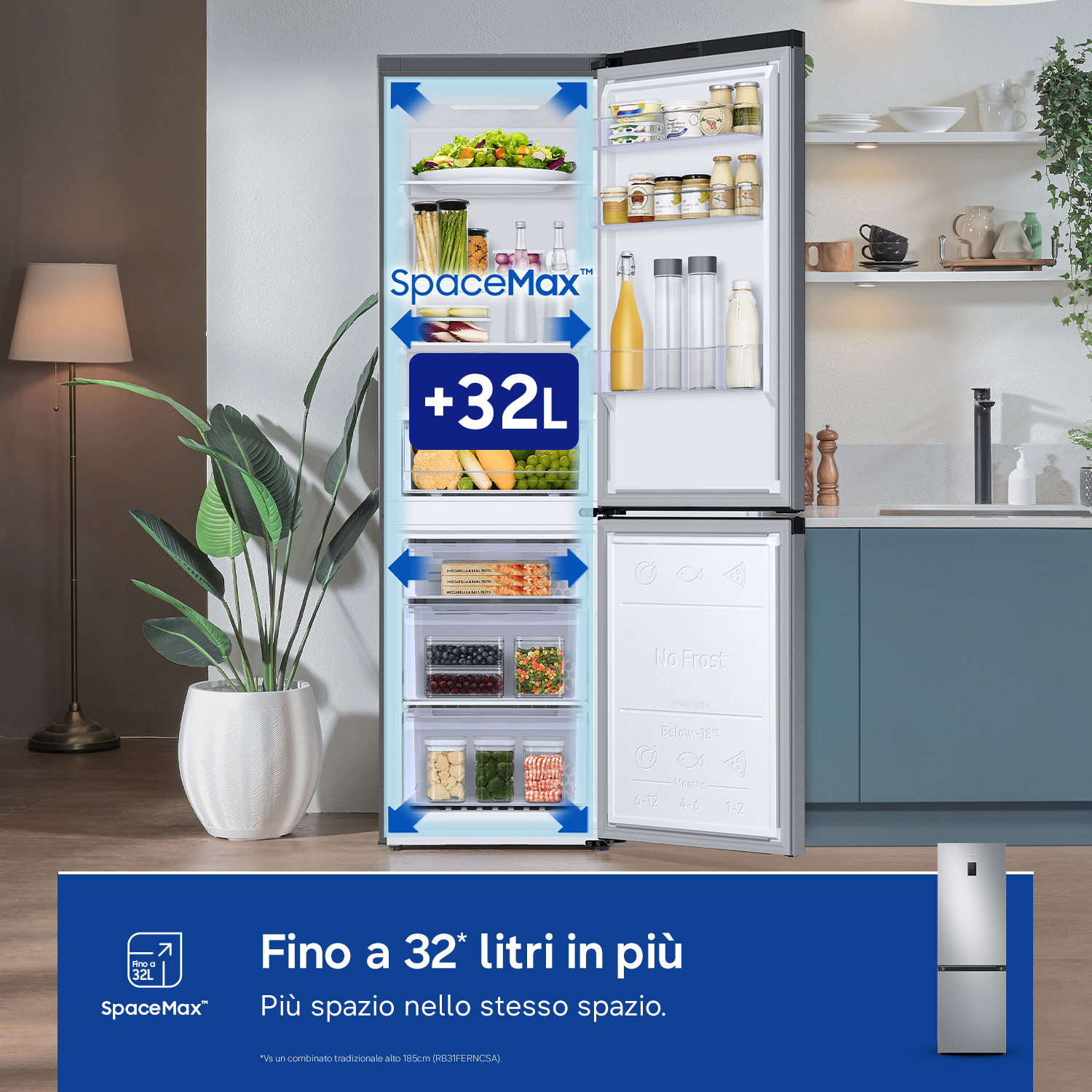 Un frigorifero aperto pieno di cibo con etichetta +32L.