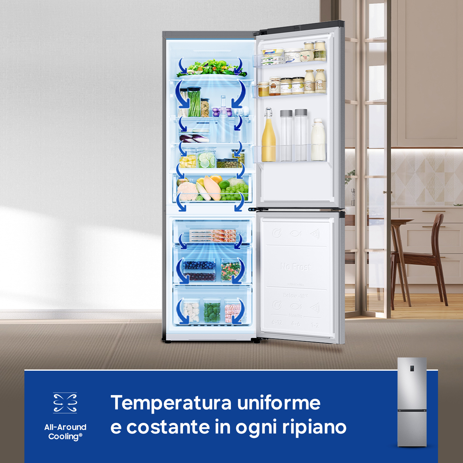 Frigorifero aperto con cibo e simboli di raffreddamento. Testo sotto.