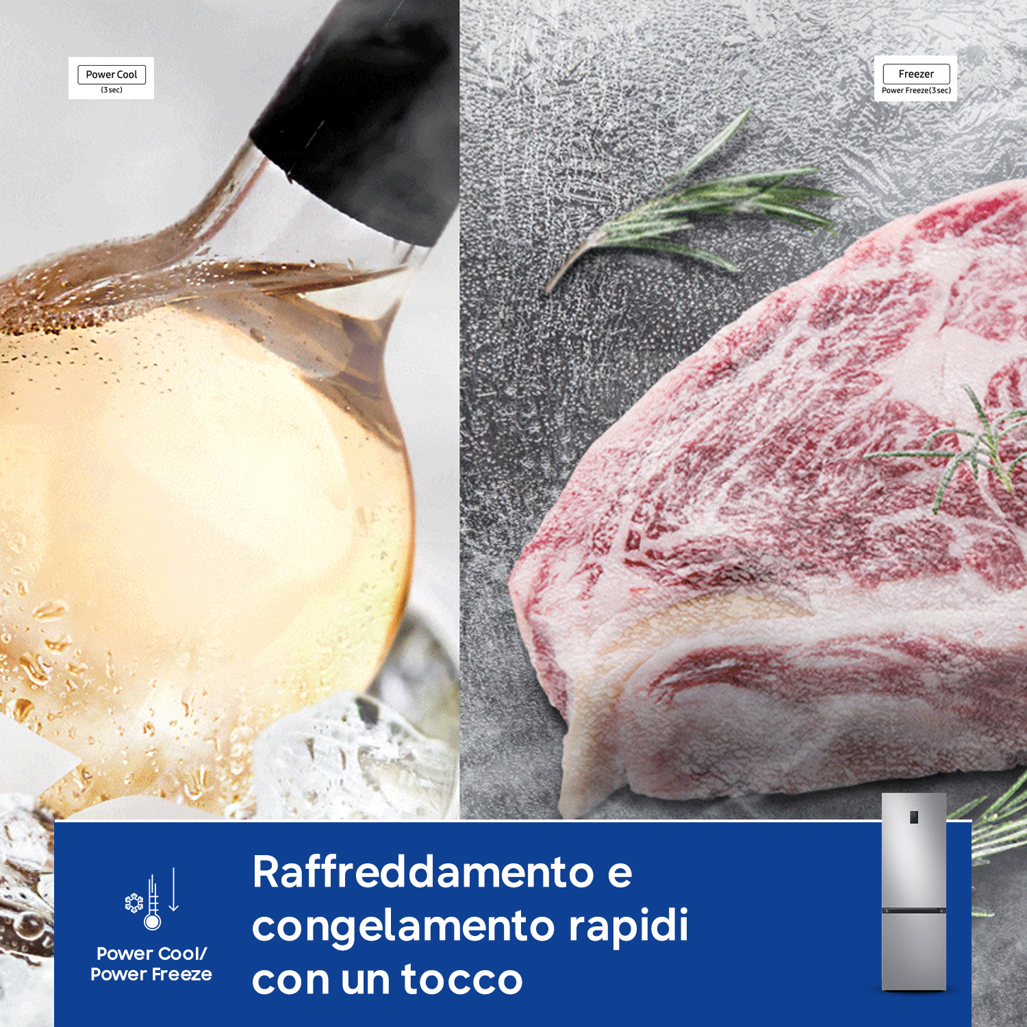 Bevanda in bicchiere con ghiaccio, carne cruda con rosmarino, frigorifero. Funzione freddo/congelamento.