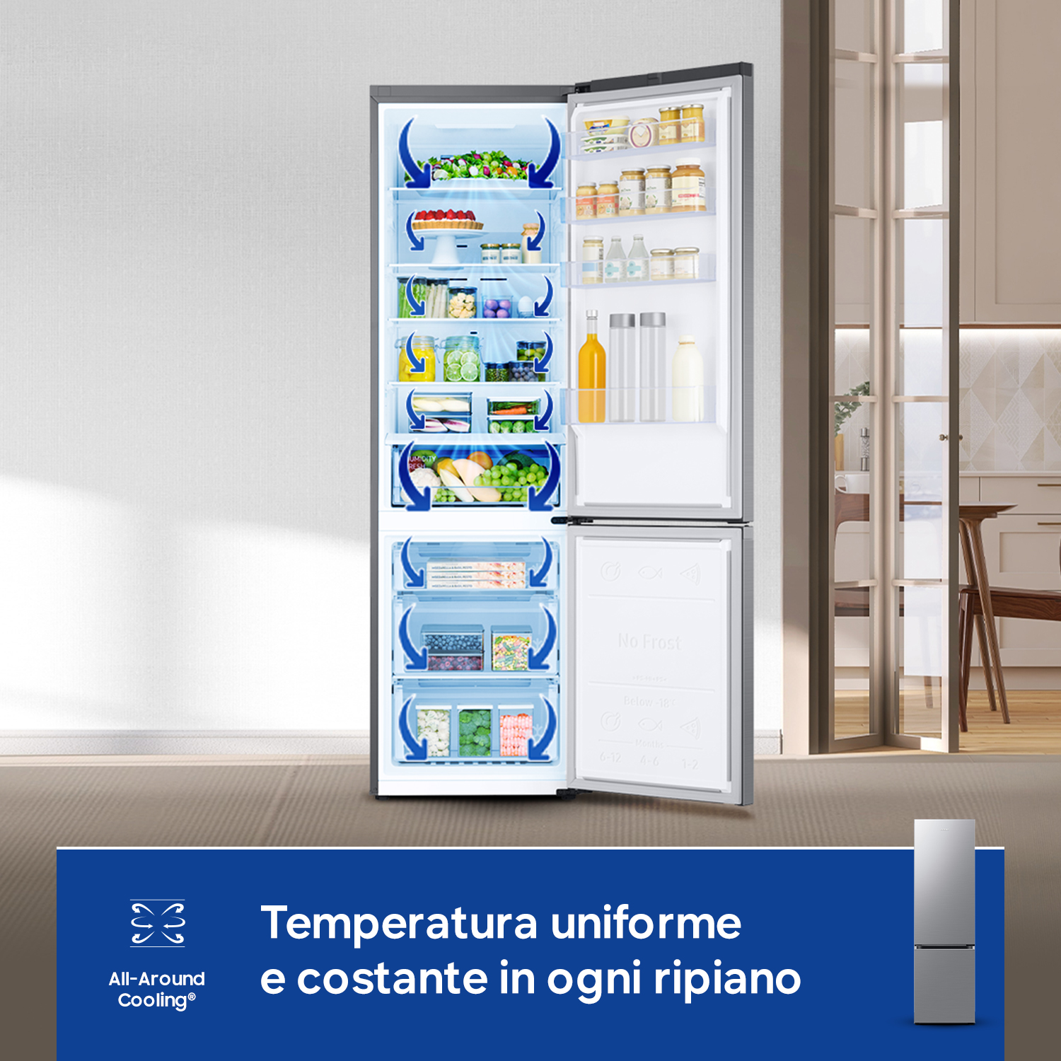 Un frigorifero aperto pieno di cibo e cassetti. Sfondo cucina.