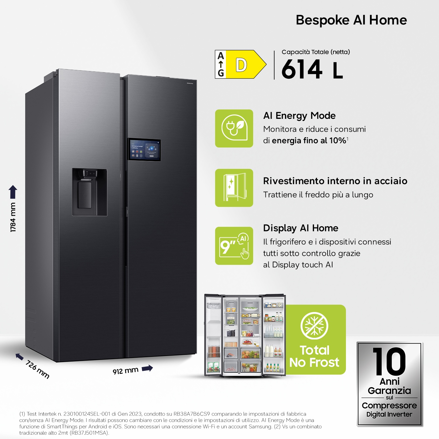 Frigorifero nero side-by-side con touchscreen, dispenser acqua/ghiaccio, dimensioni, etichetta energetica.
