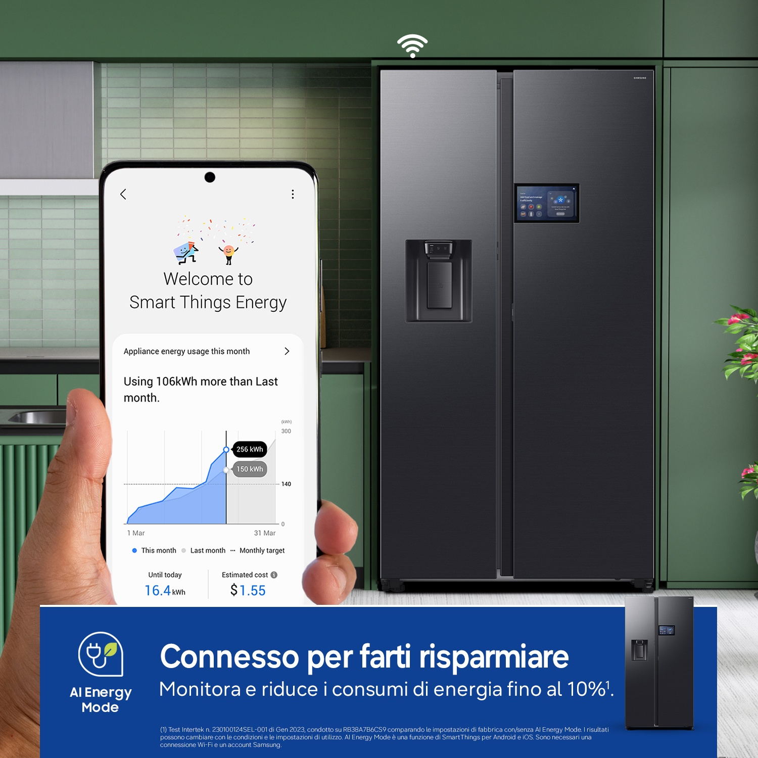 Uno smartphone mostra l'app Smart Things Energy con dati del frigorifero. Accanto, un frigorifero nero.