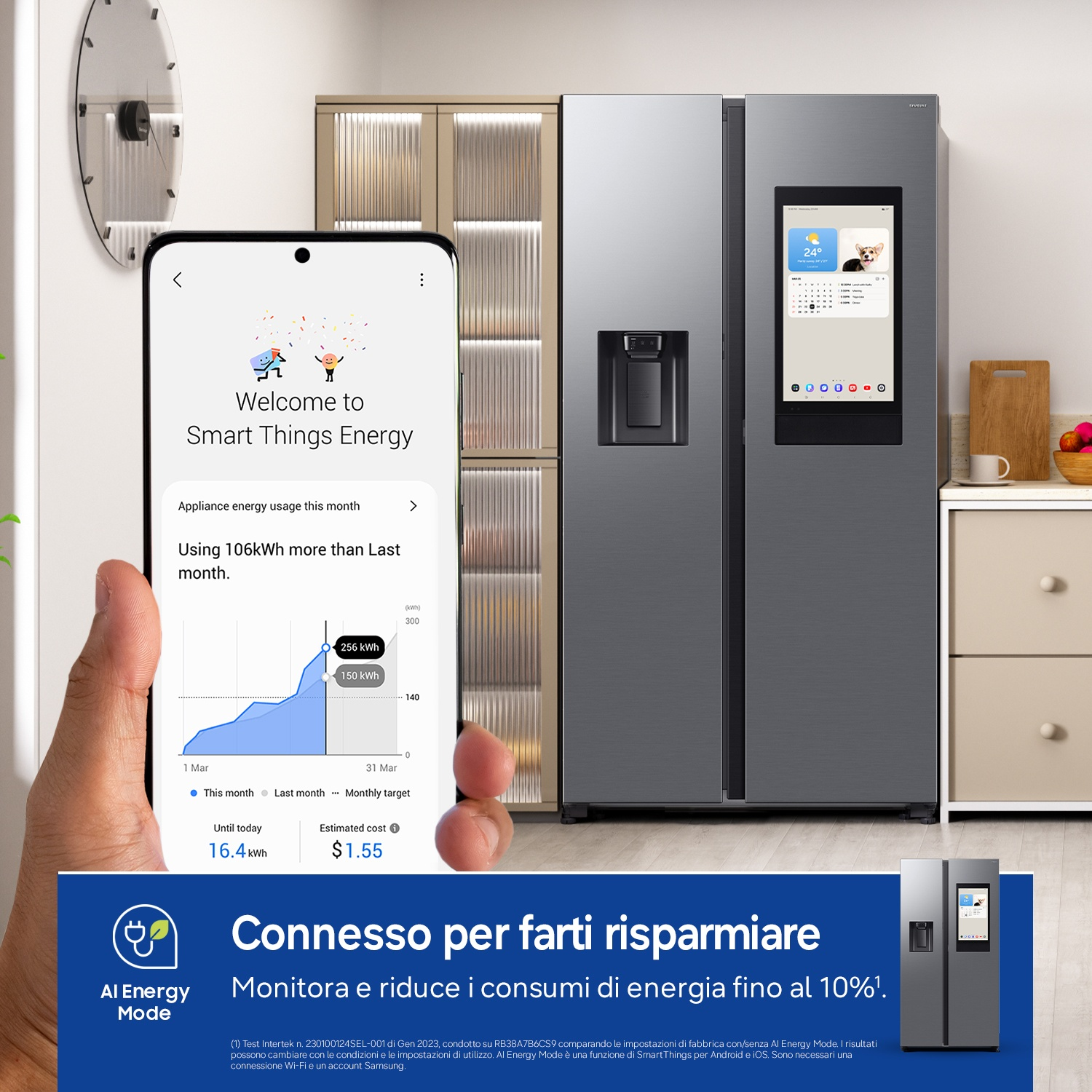 Uno smartphone mostra l'app Smart Things Energy con dati di consumo, accanto a un frigorifero.