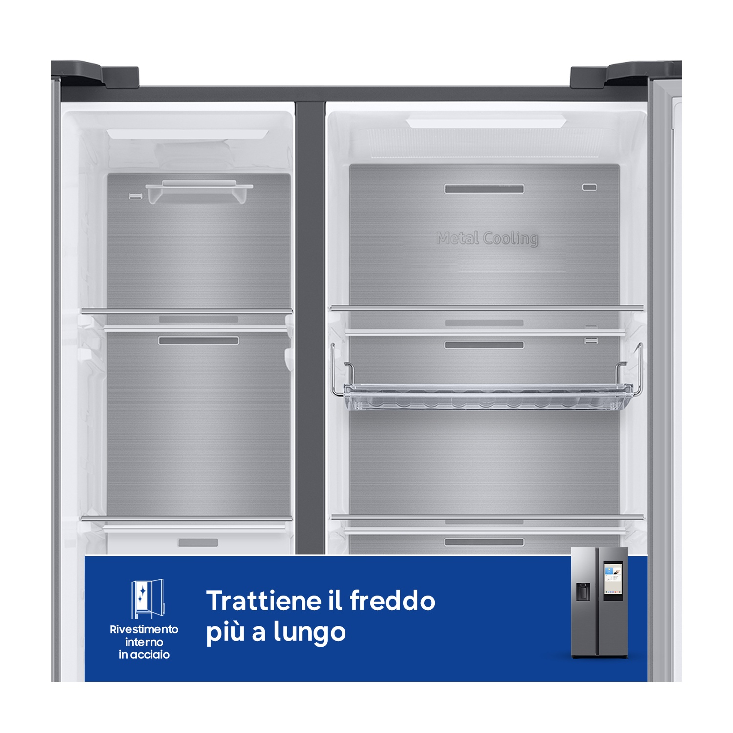 Vista interna di un frigorifero aperto con raffreddamento in metallo e rivestimento in acciaio.
