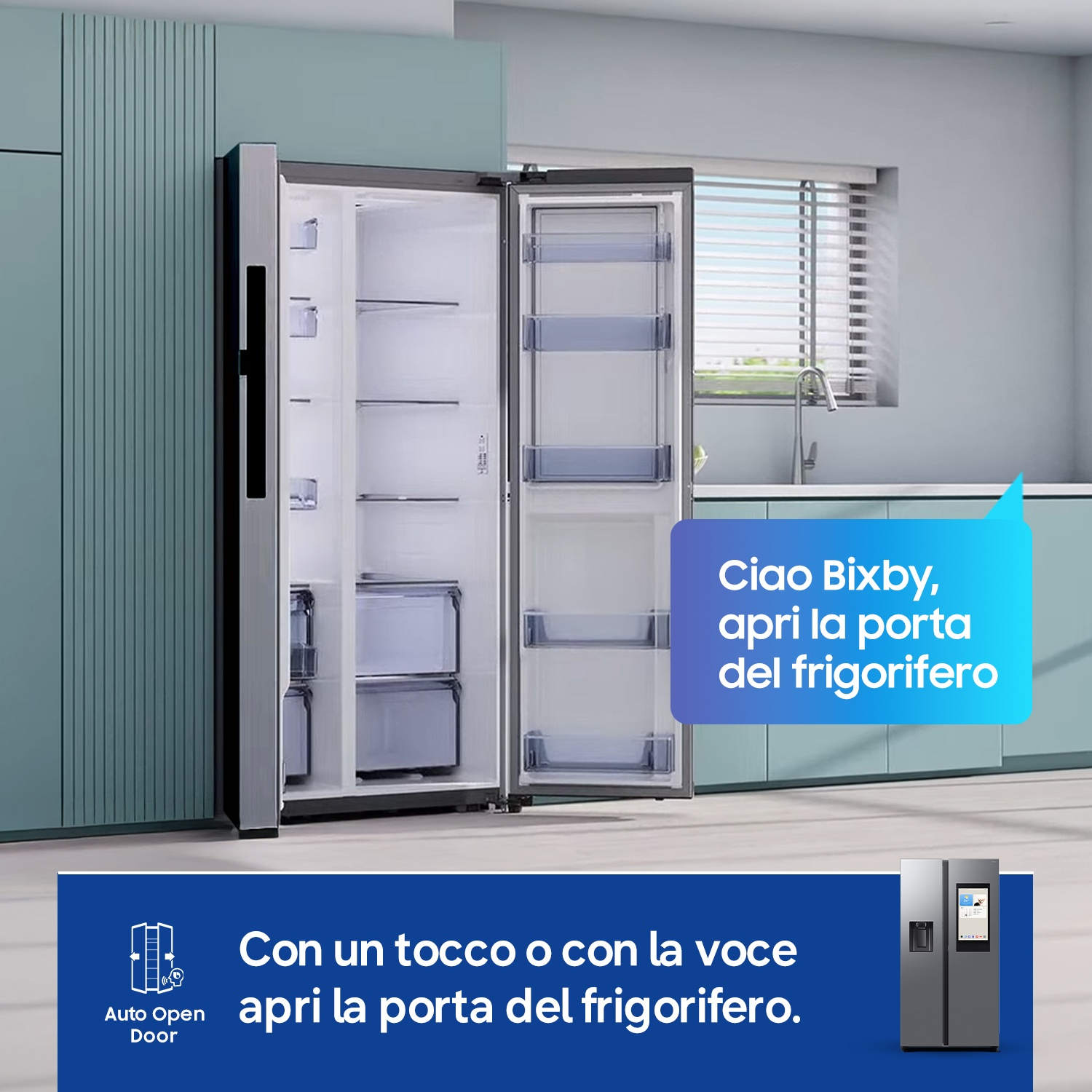 Un frigorifero aperto con maniglia argentata e illuminazione interna.