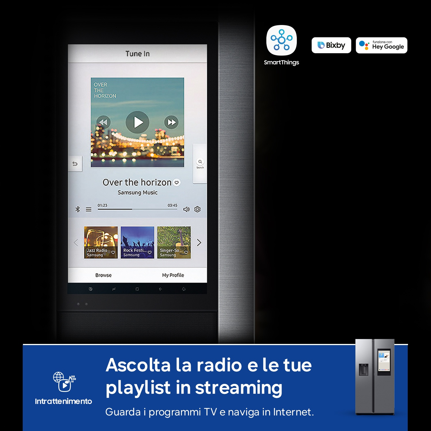 Uno schermo mostra un'app musicale con dettagli del brano e controlli.
