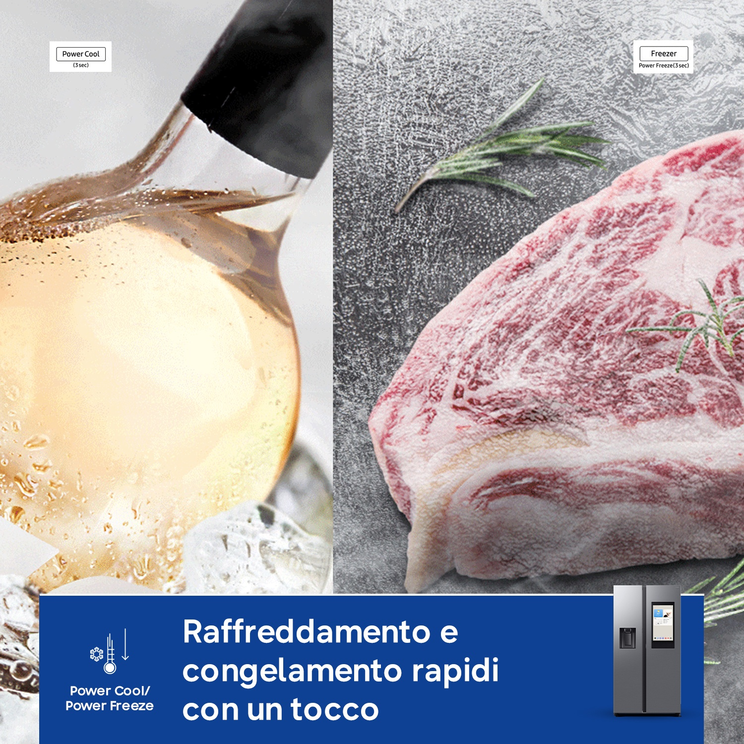 Una bevanda con ghiaccio e carne cruda, accanto a un frigorifero.