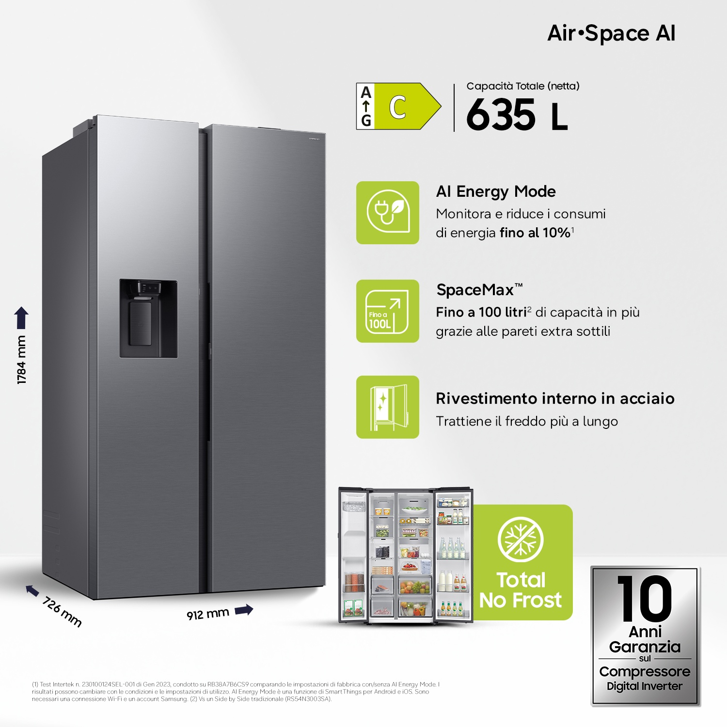 Un frigorifero Samsung side-by-side da 635L, classe C, con Total No Frost e compressore Digital Inverter.