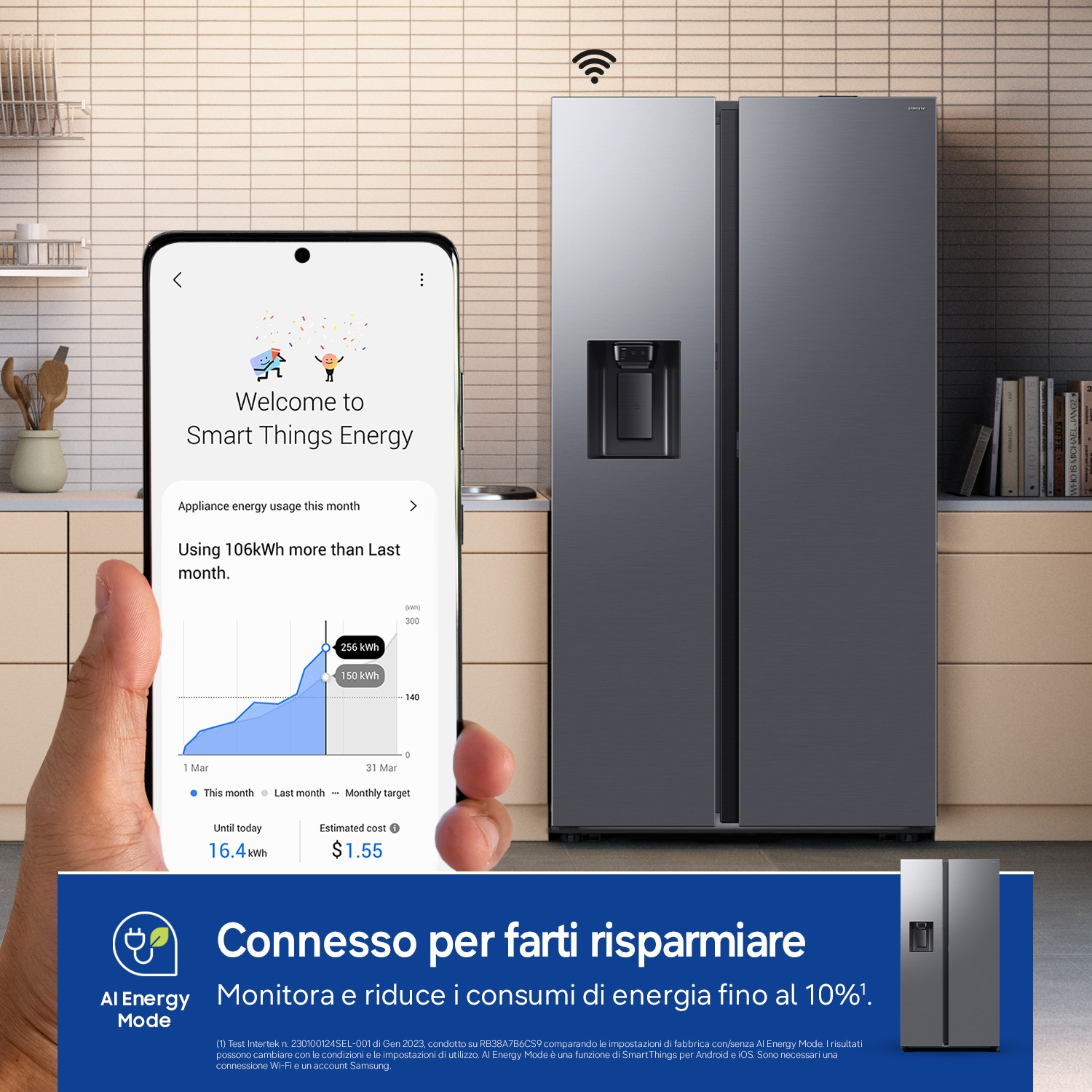 Smartphone mostra app Smart Things Energy; grande frigo grigio accanto.