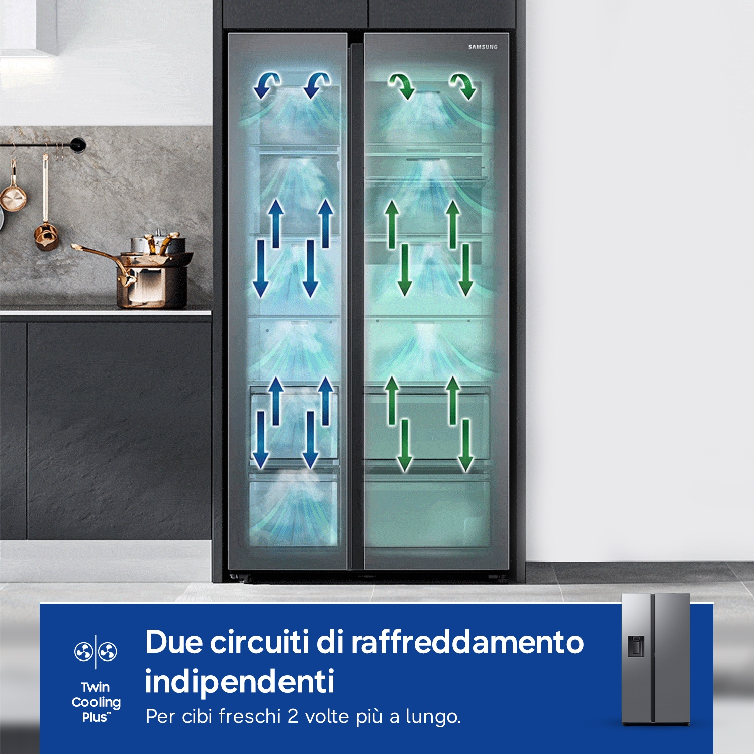 Frigorifero Samsung con due circuiti di raffreddamento e frecce d'aria.