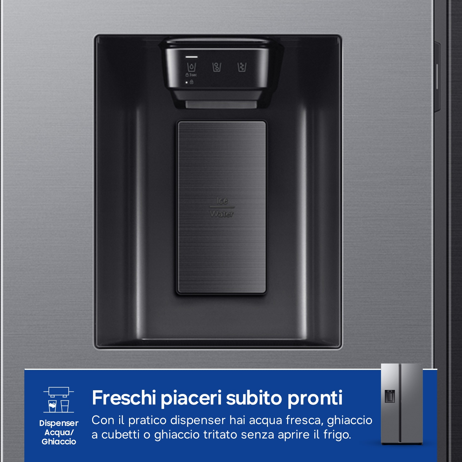 Un dispenser d'acqua per frigorifero con opzioni ghiaccio e acqua.