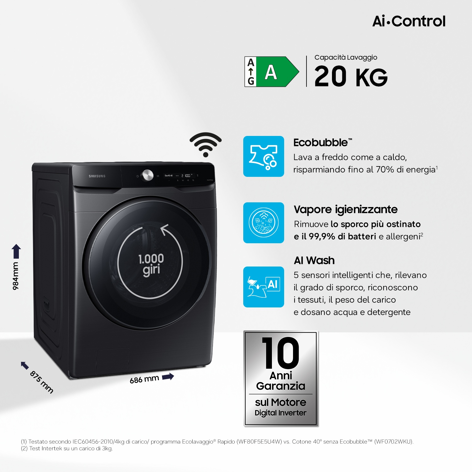 Lavatrice Samsung nera, capacità 20kg, classe A, Ecobubble, vapore e controllo IA.