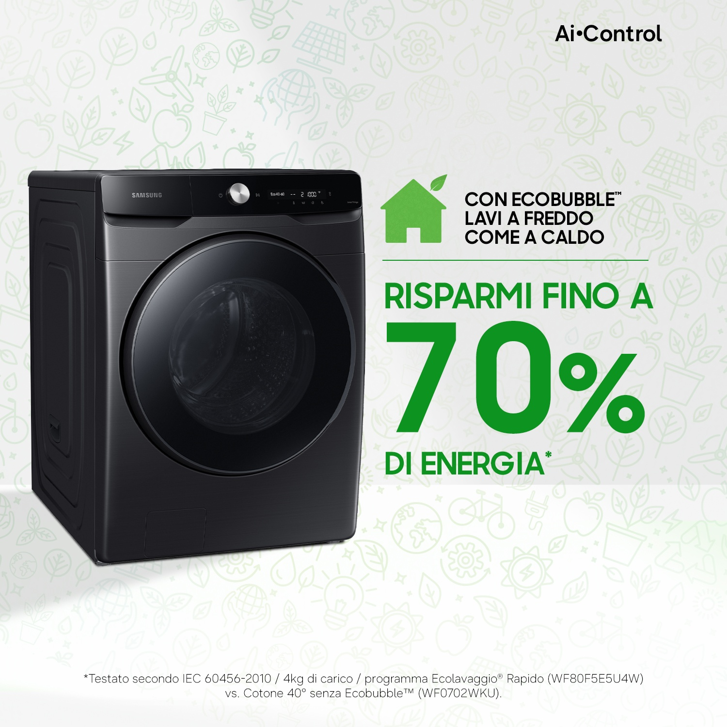 Lavatrice Samsung nera con tecnologia EcoBubble, risparmia fino al 70% di energia.
