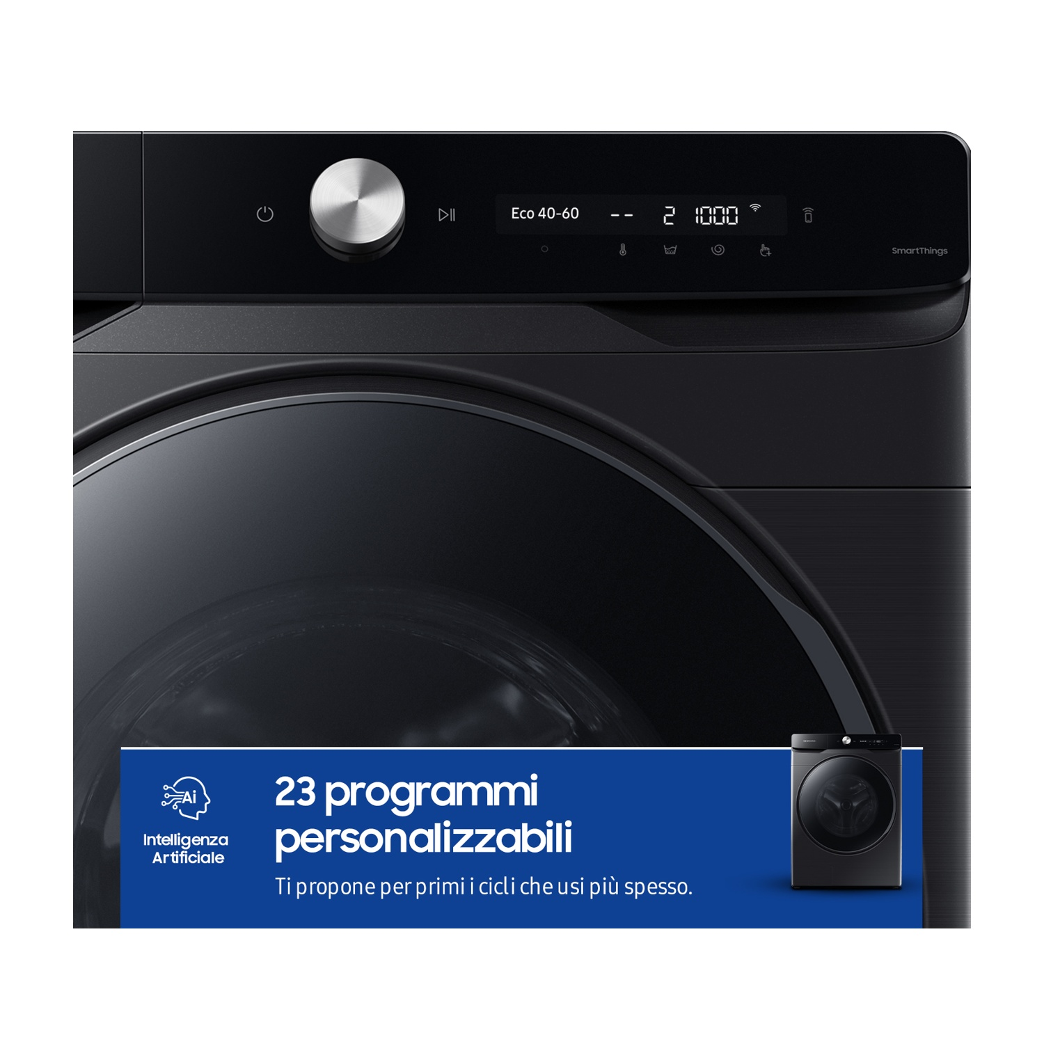 Lavatrice nera con display digitale che mostra "Eco 40-60" e "2 1000".