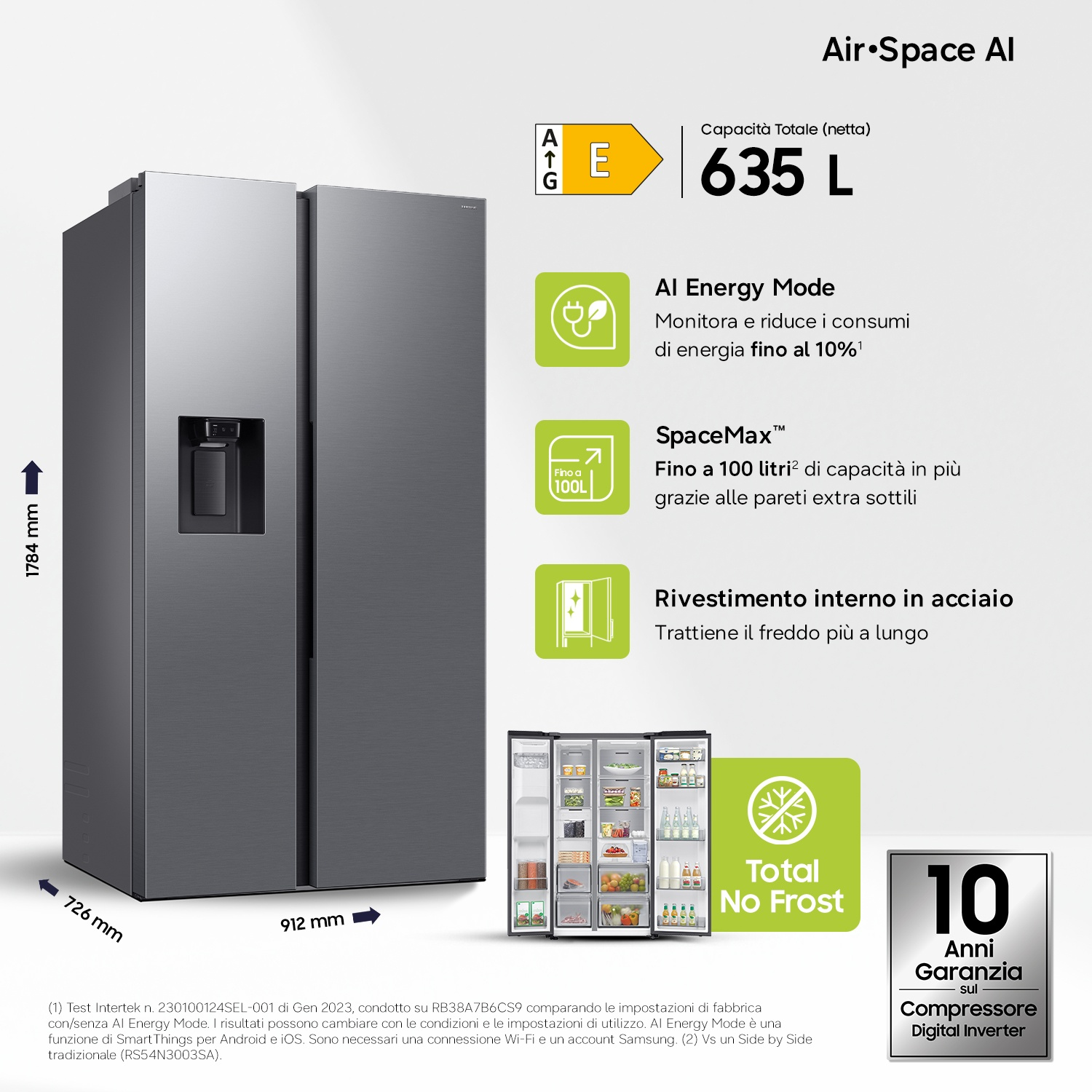 Frigorifero side-by-side argento con dispenser acqua e ghiaccio. Classe energetica E.