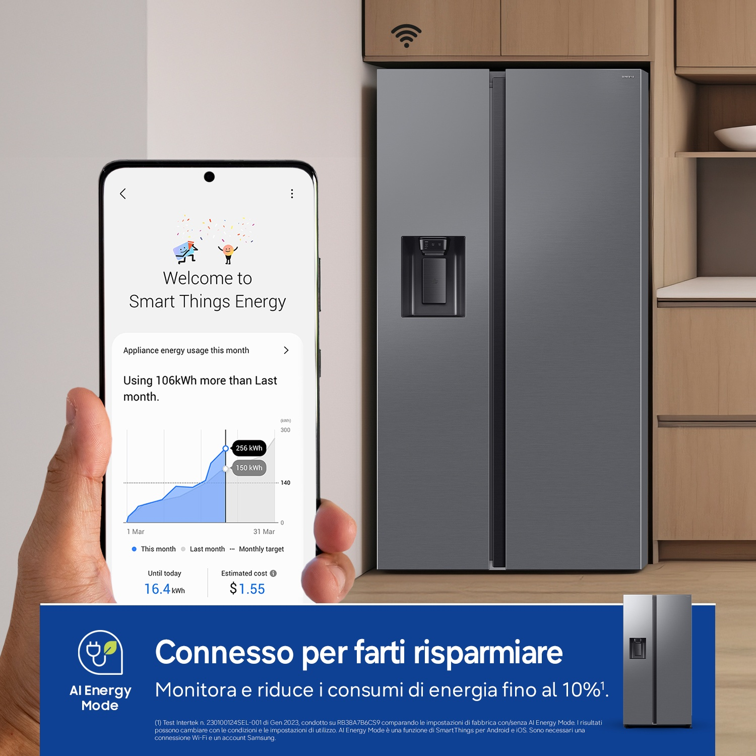 Uno smartphone mostra l'app "Smart Things Energy". Un frigorifero è visibile accanto.