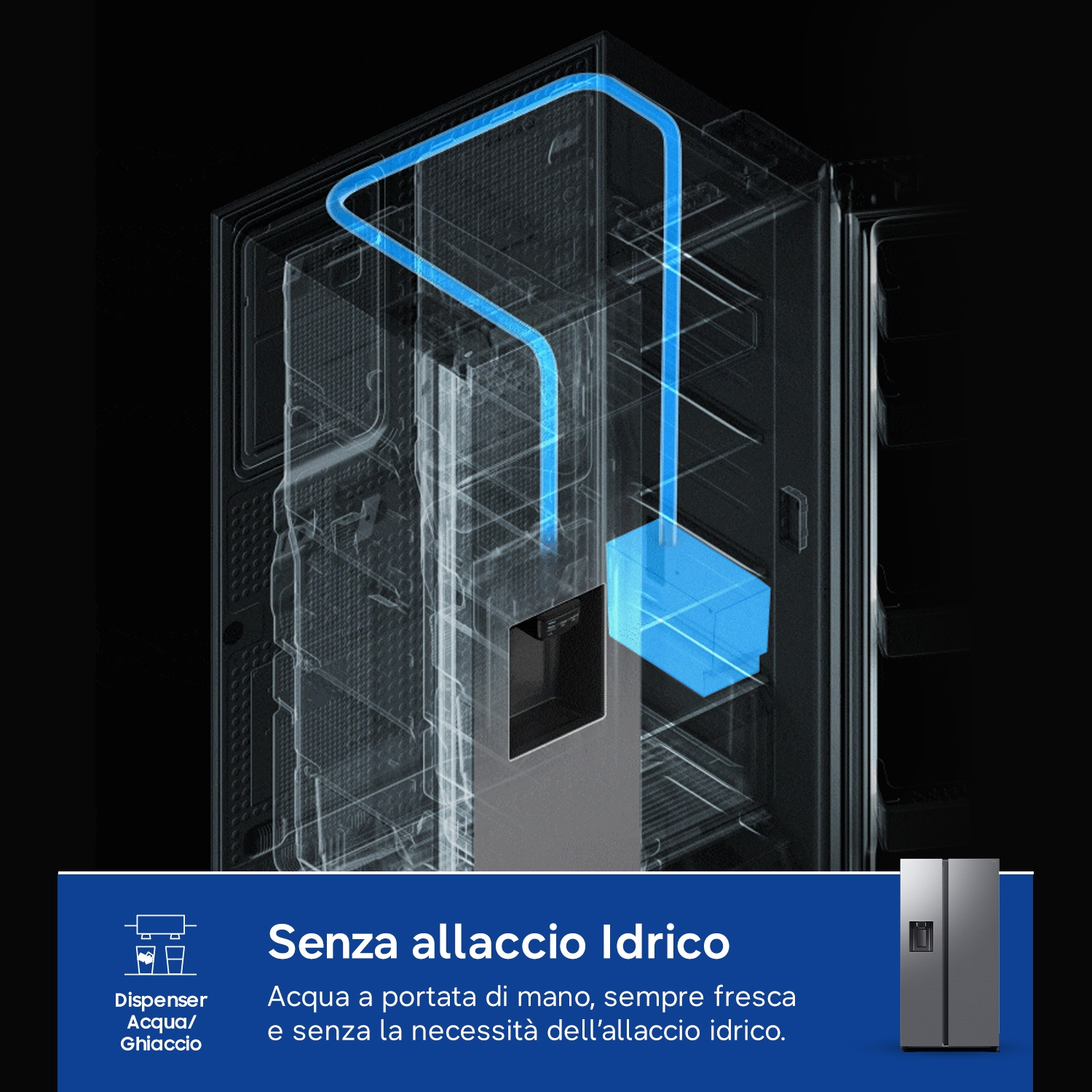 Vista interna di un frigorifero con schema di alimentazione idrica per il dispenser.