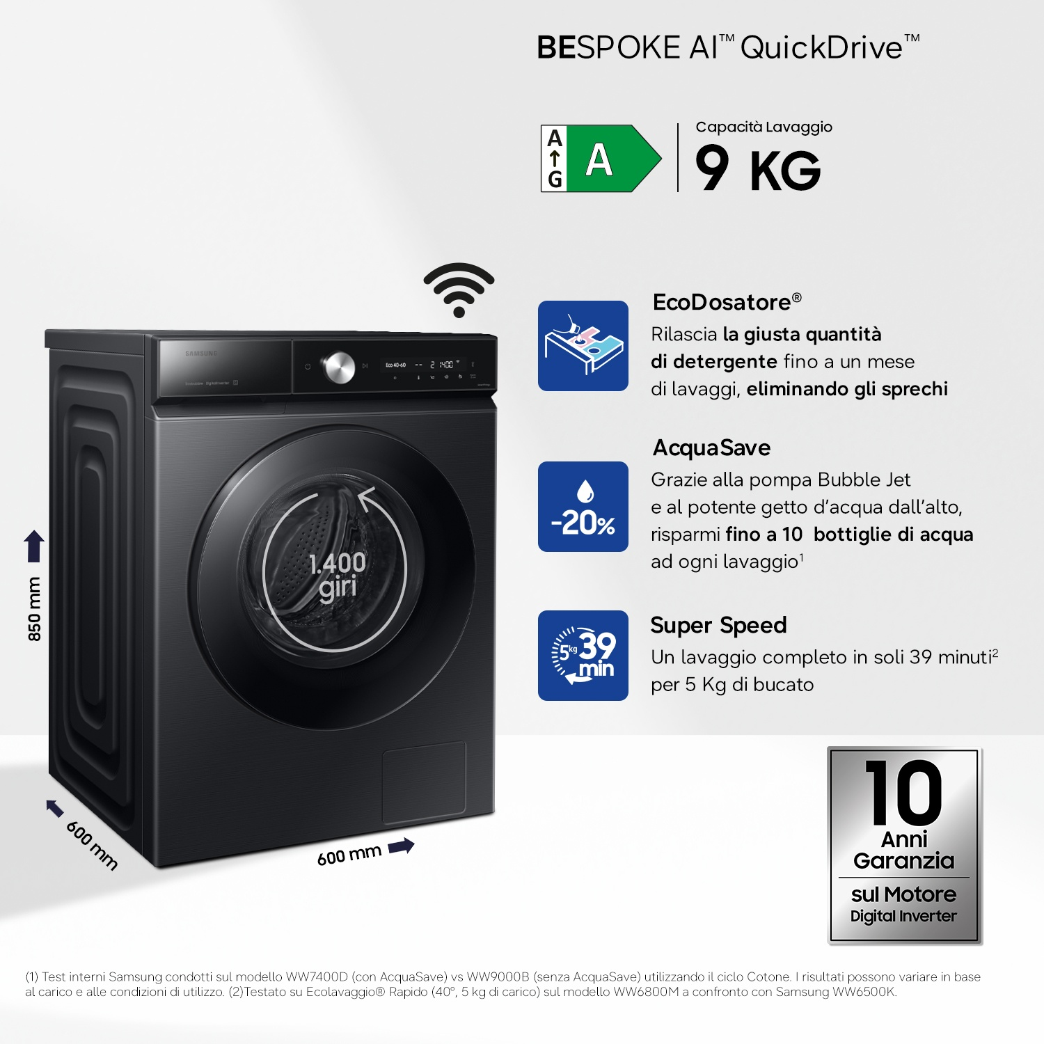 Lavatrice Samsung nera, capacità 9 kg, classe energetica A, garanzia motore 10 anni.