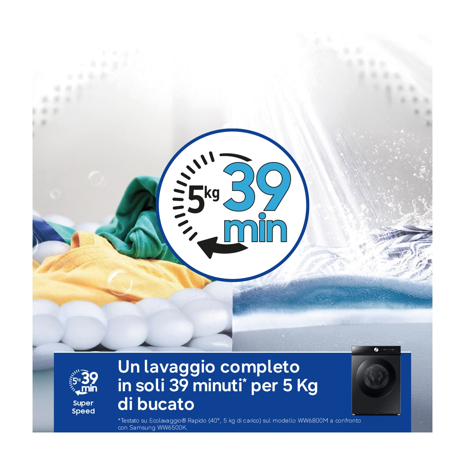 Lavatrice con vestiti e schiuma. 5 kg in 39 minuti.