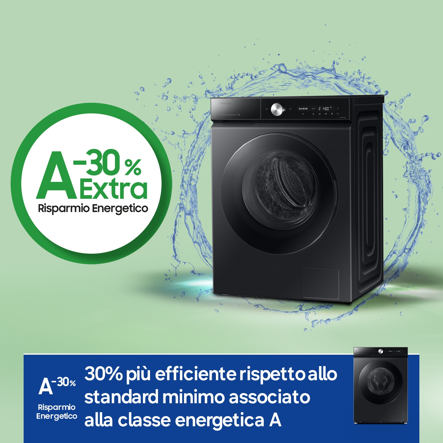 Lavatrice nera con spruzzi d'acqua ed etichetta A -30% risparmio energetico.