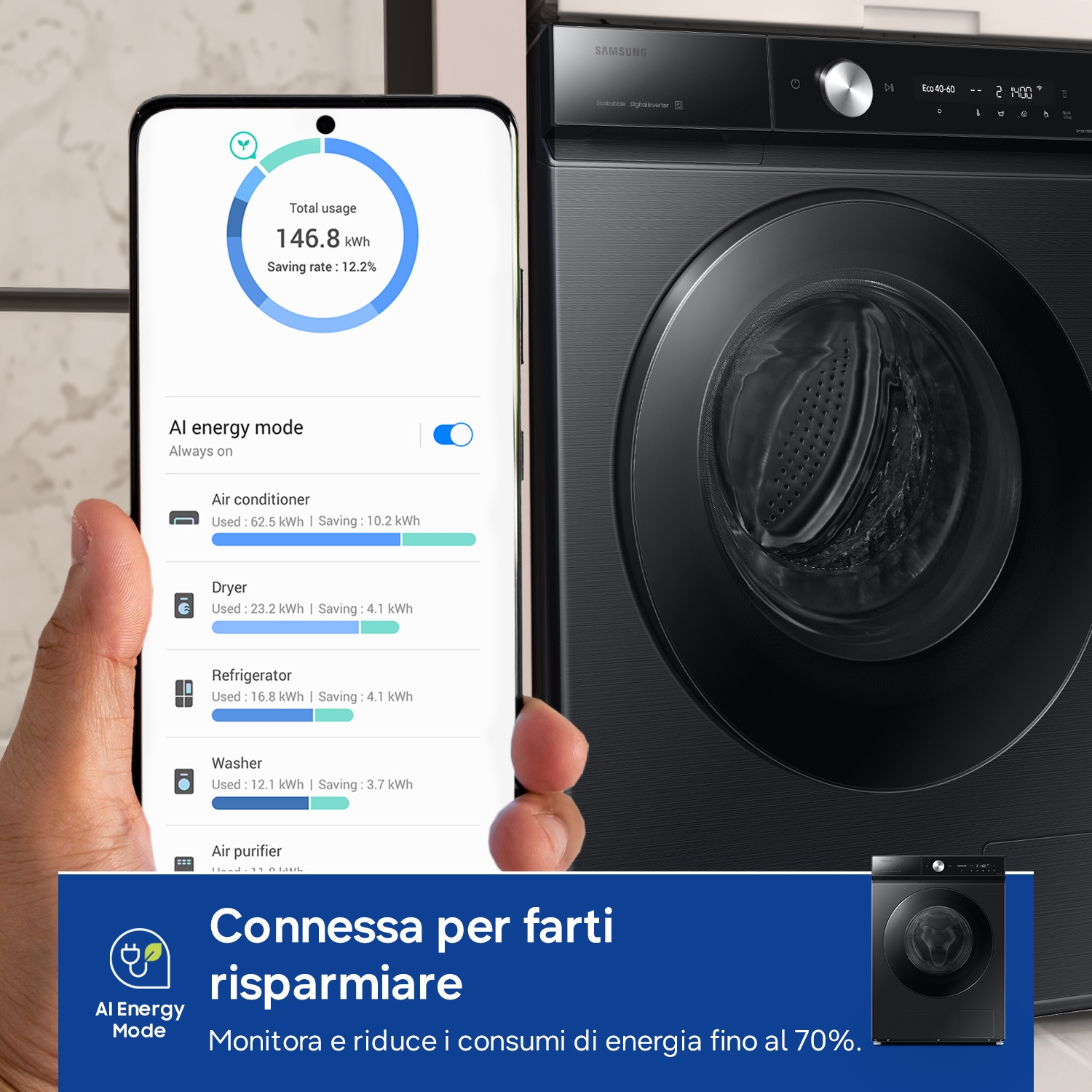 Uno smartphone mostra il riepilogo dei consumi energetici di una lavatrice.