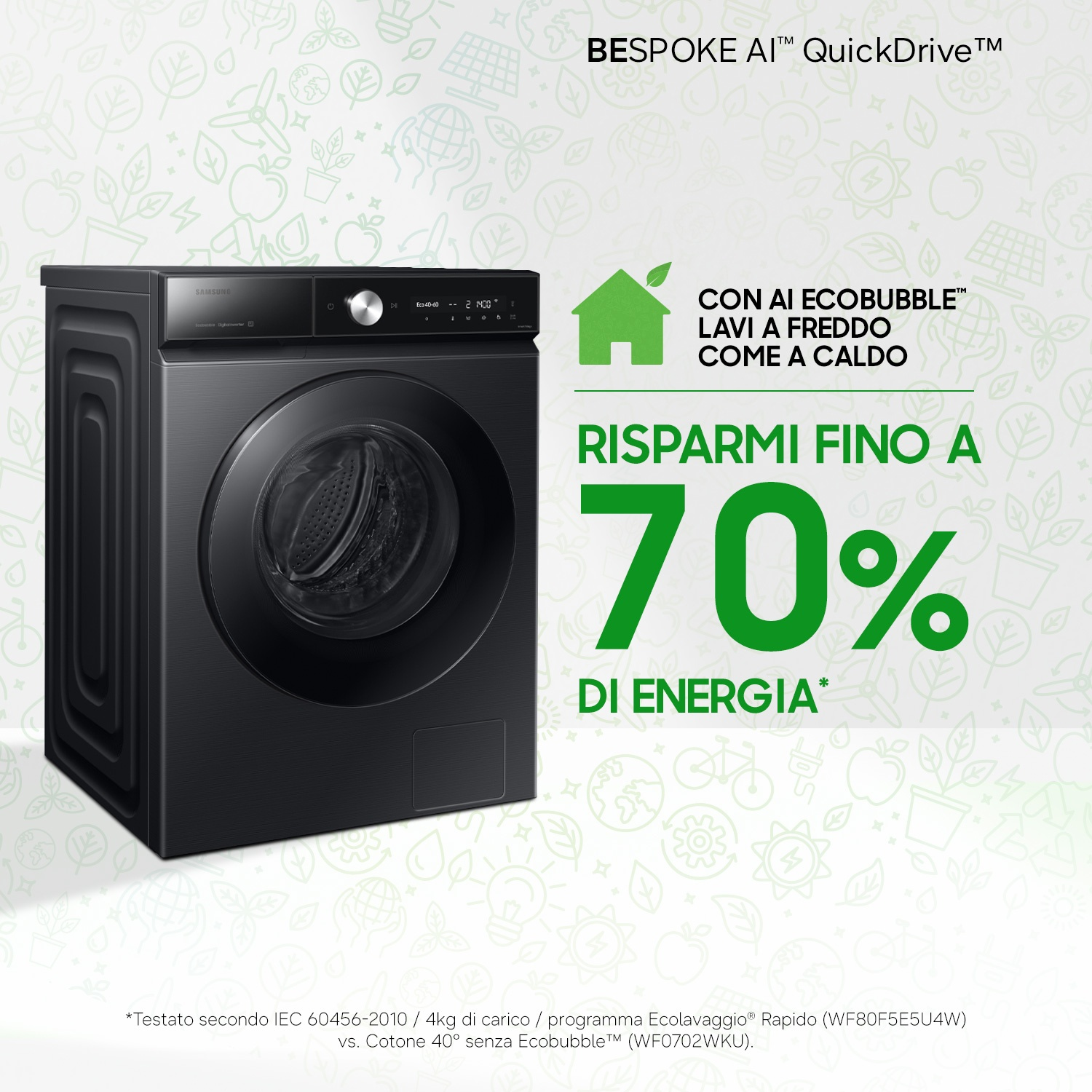 Lavatrice nera con display digitale, pubblicizza risparmio energetico.