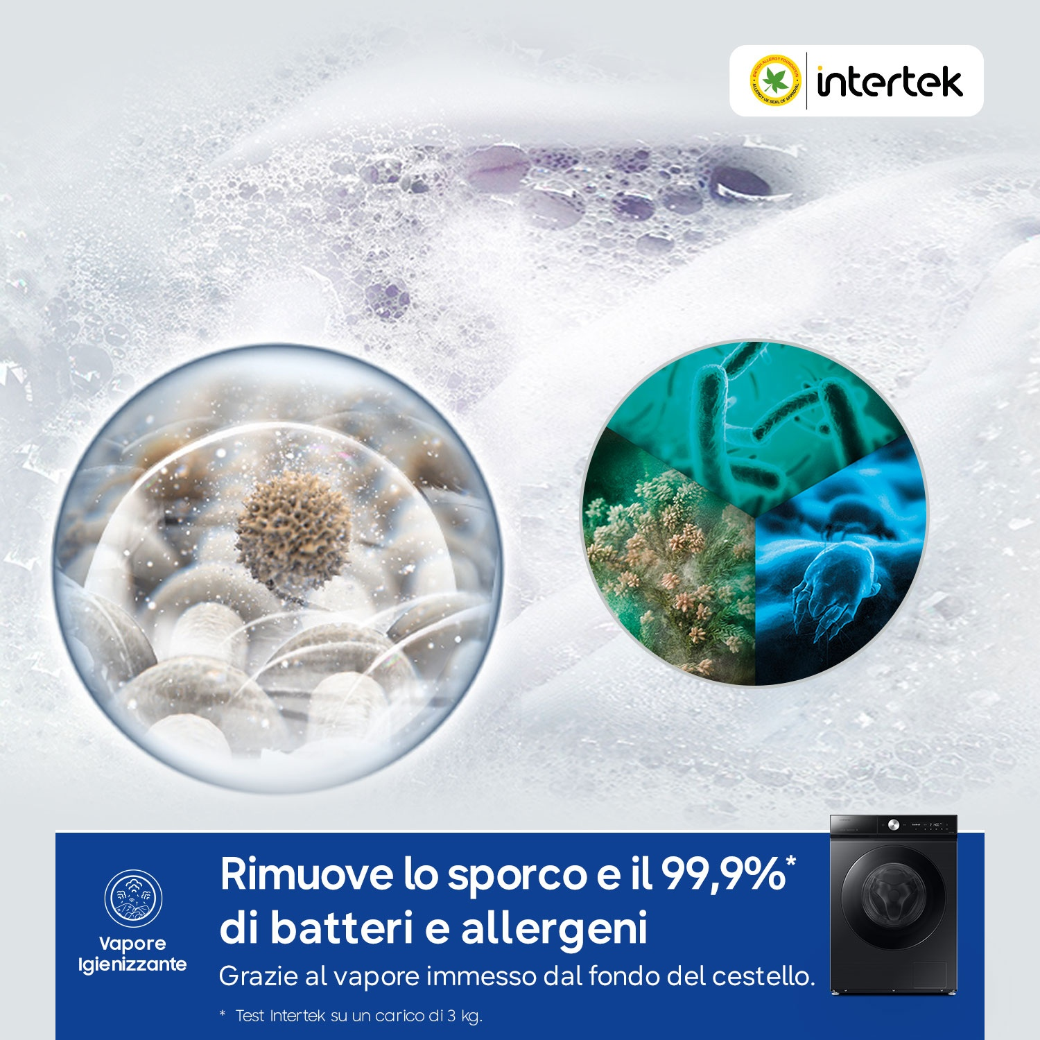 Una lavatrice rimuove il 99,9% di batteri e allergeni con vapore.