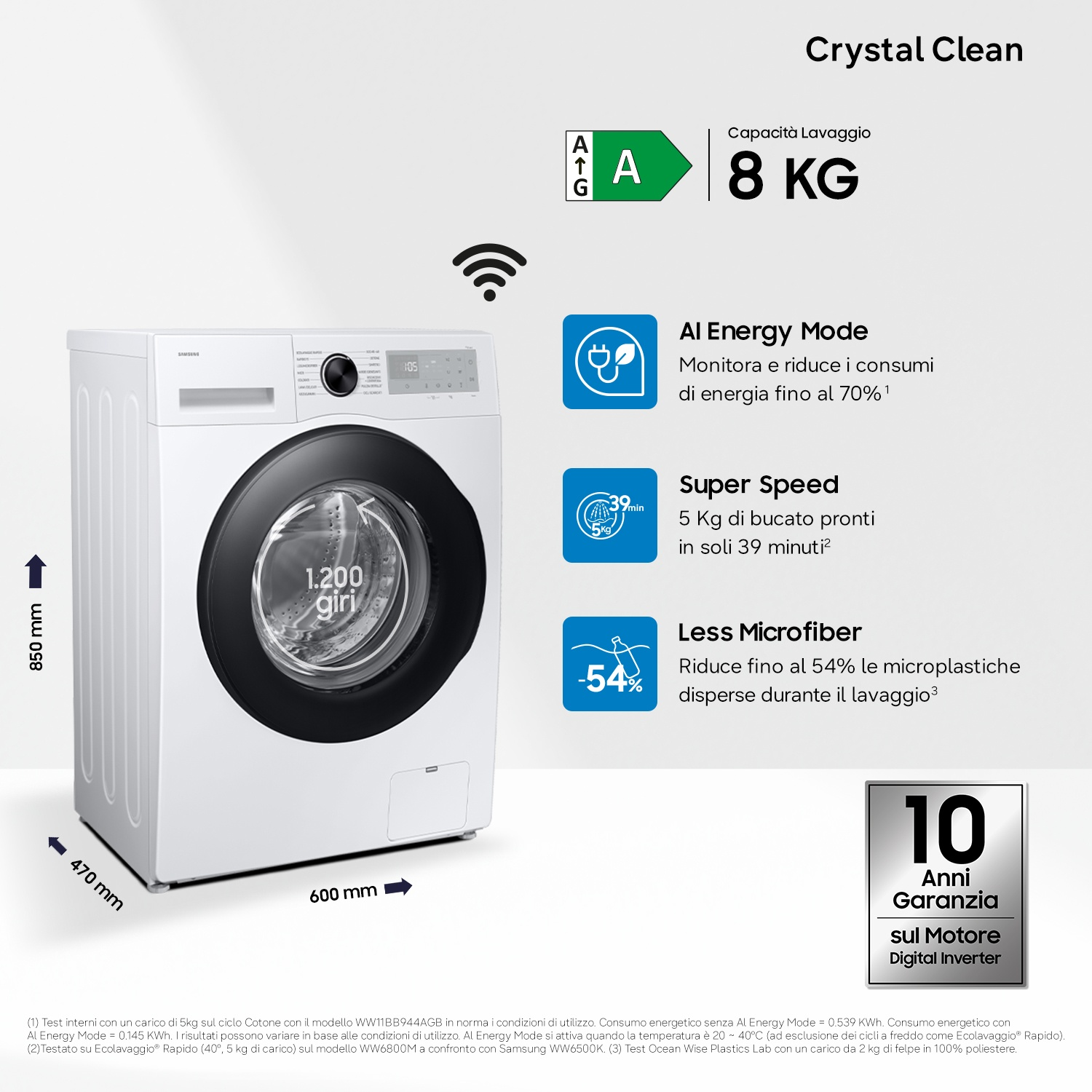 Lavatrice Samsung bianca, capacità 8kg, classe energetica A, vari programmi.