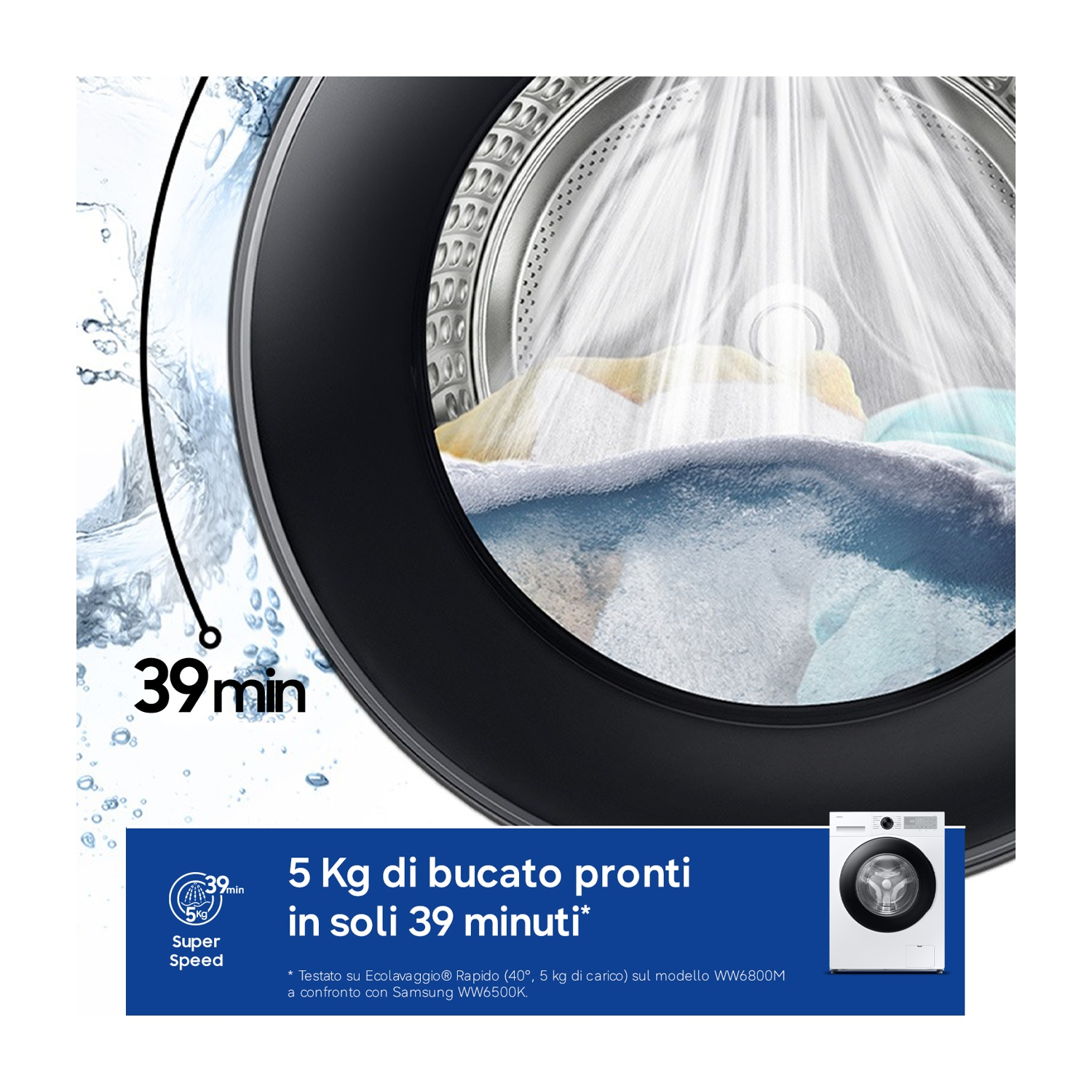 Lavatrice con getti d'acqua che lava 5 kg di bucato in 39 minuti.