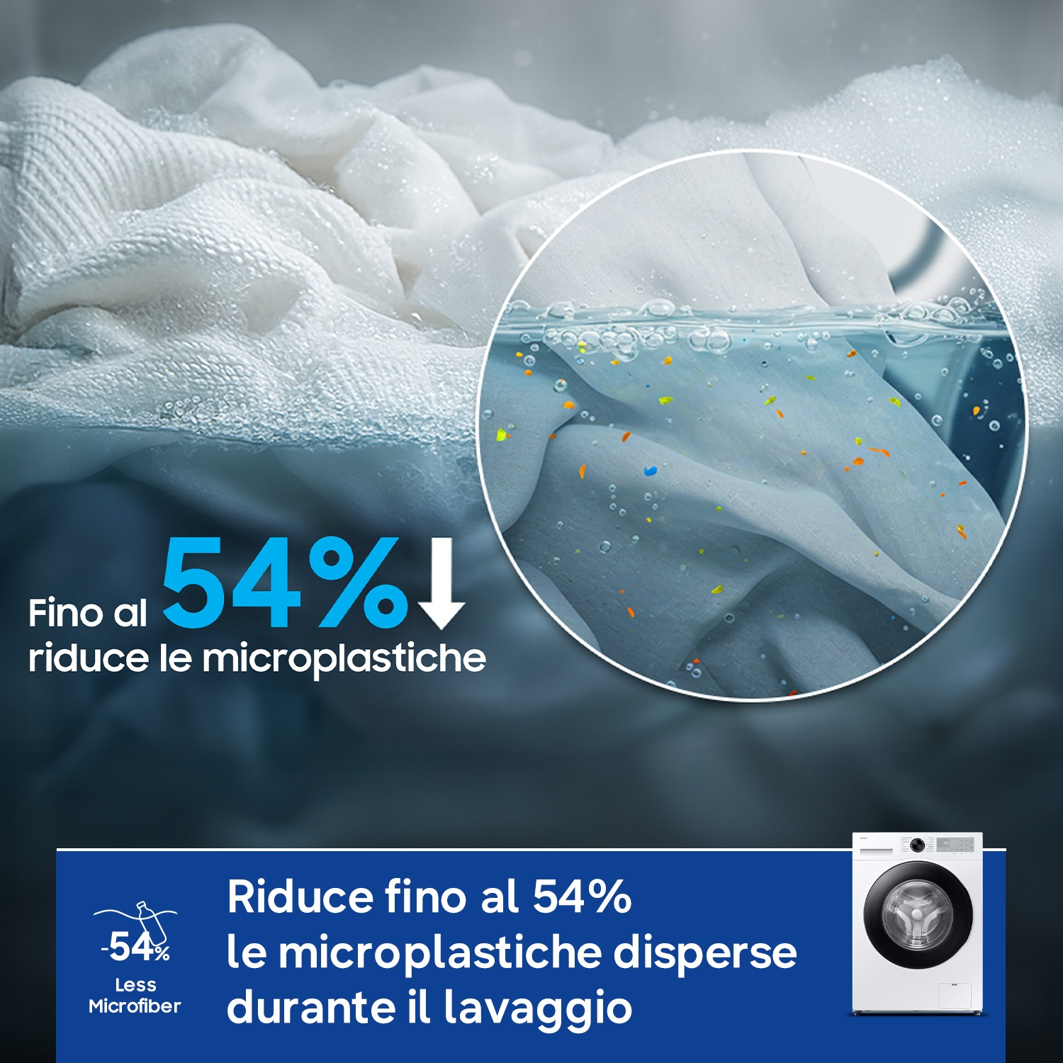Biancheria bianca in lavatrice con particelle di microplastica nell'acqua. Riduce 54%.