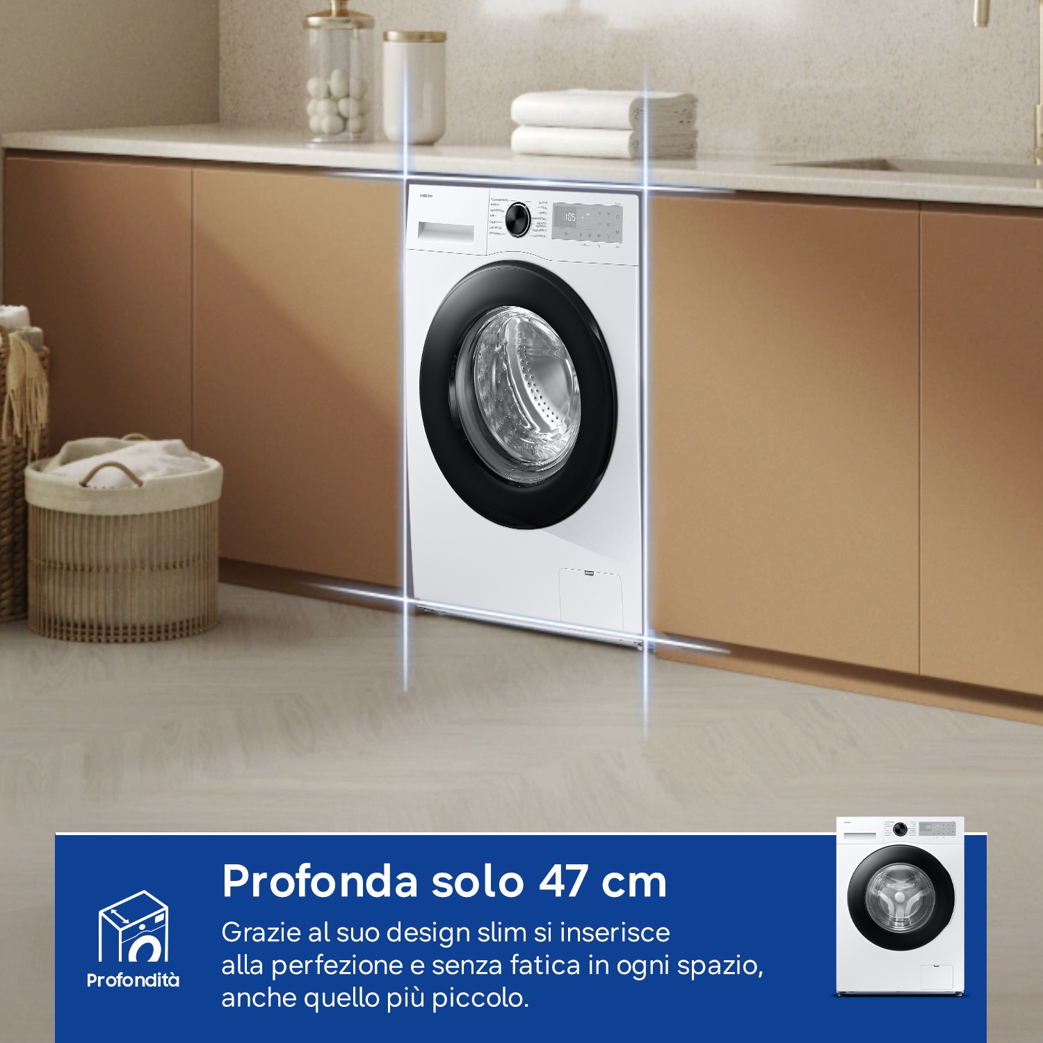 Una lavatrice bianca con oblò nero è in un bagno.