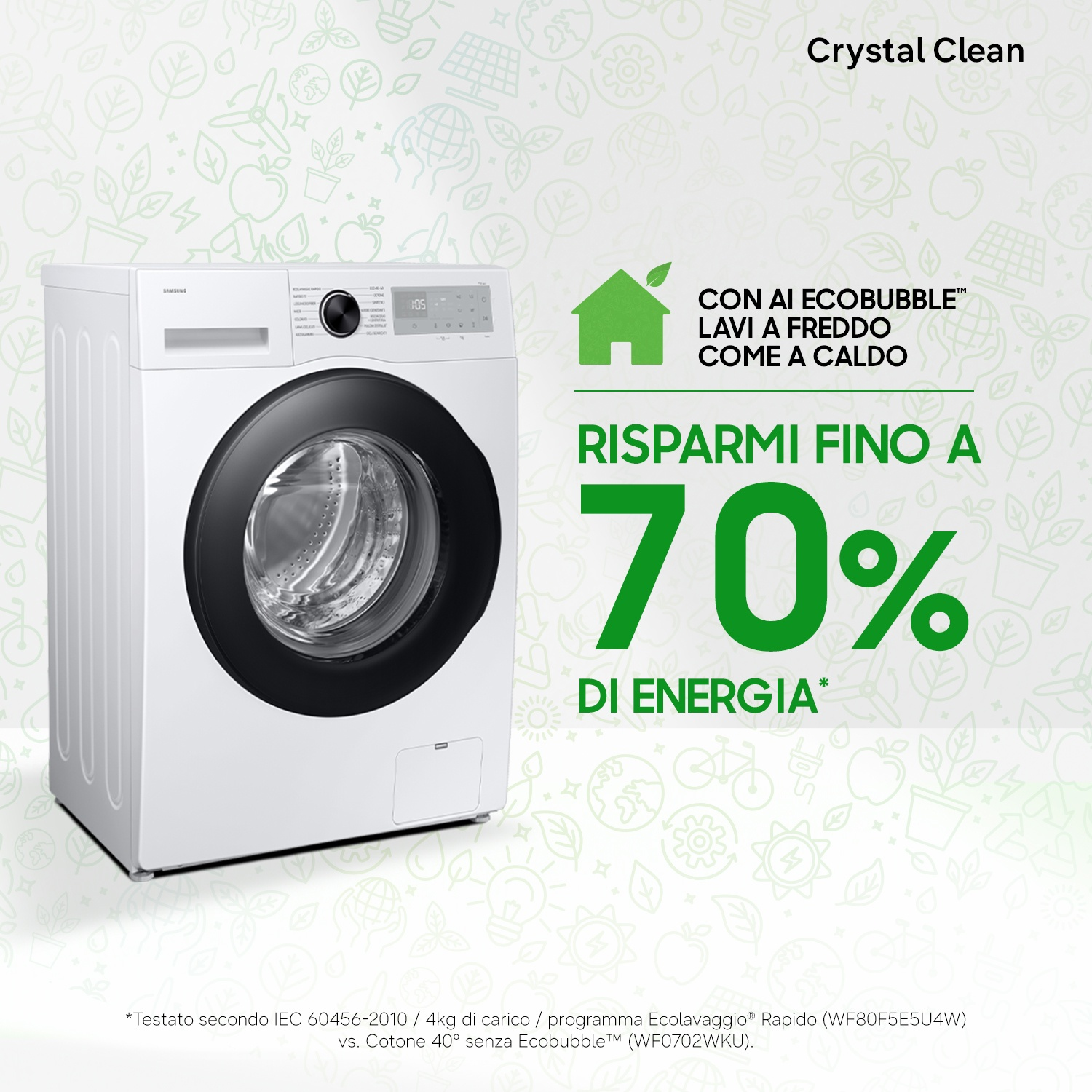 Una lavatrice bianca con display digitale e oblò nero. "Crystal Clean" e 