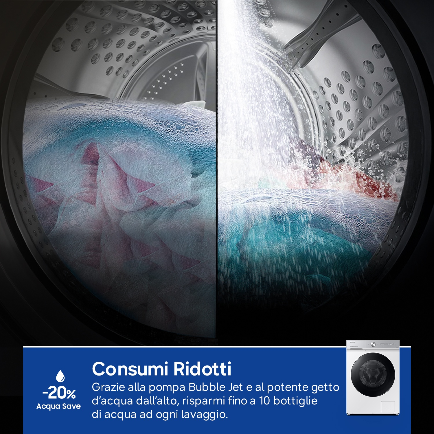 Oblò lavatrice con panni e getto d'acqua. A sx asciutti, a dx bagnati.