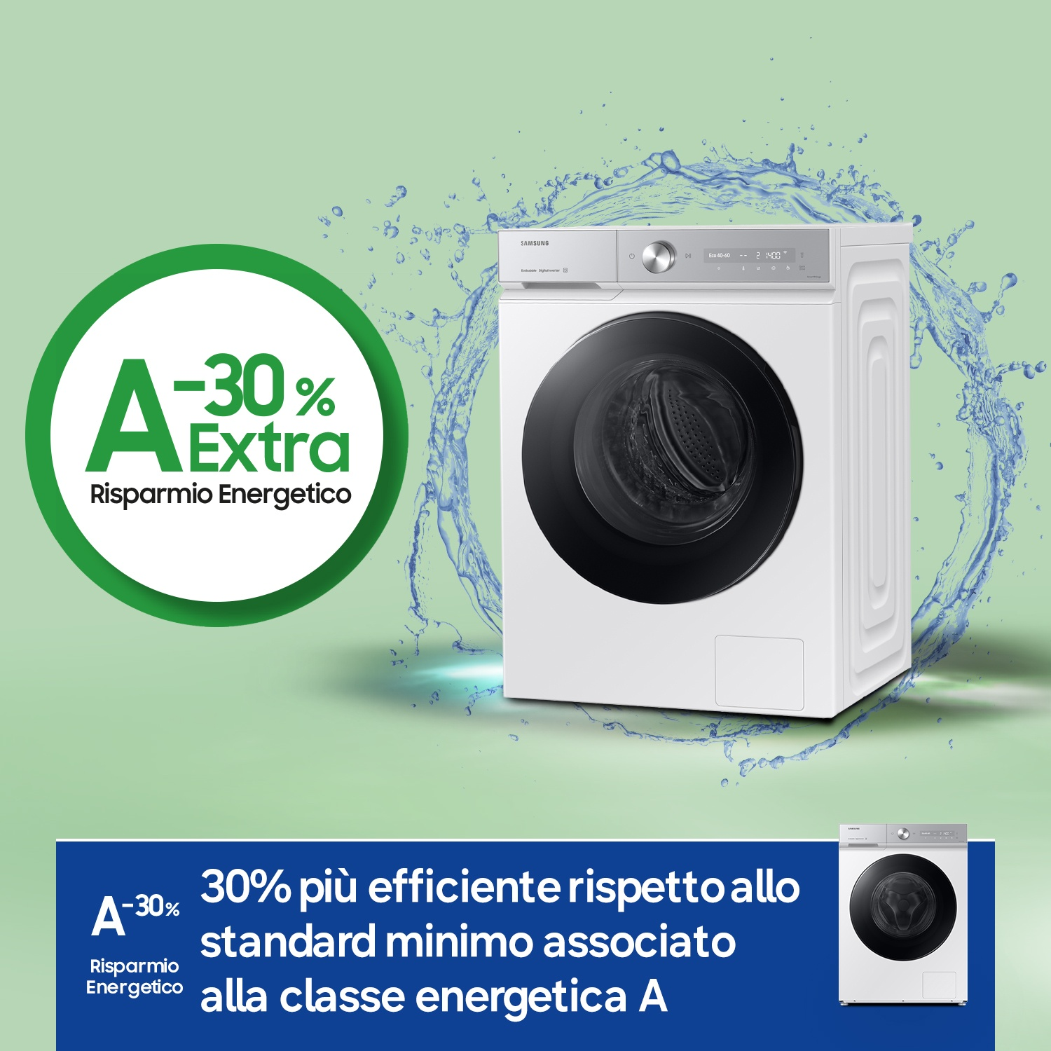Una lavatrice Samsung con un cerchio verde che indica un risparmio energetico del -30%.