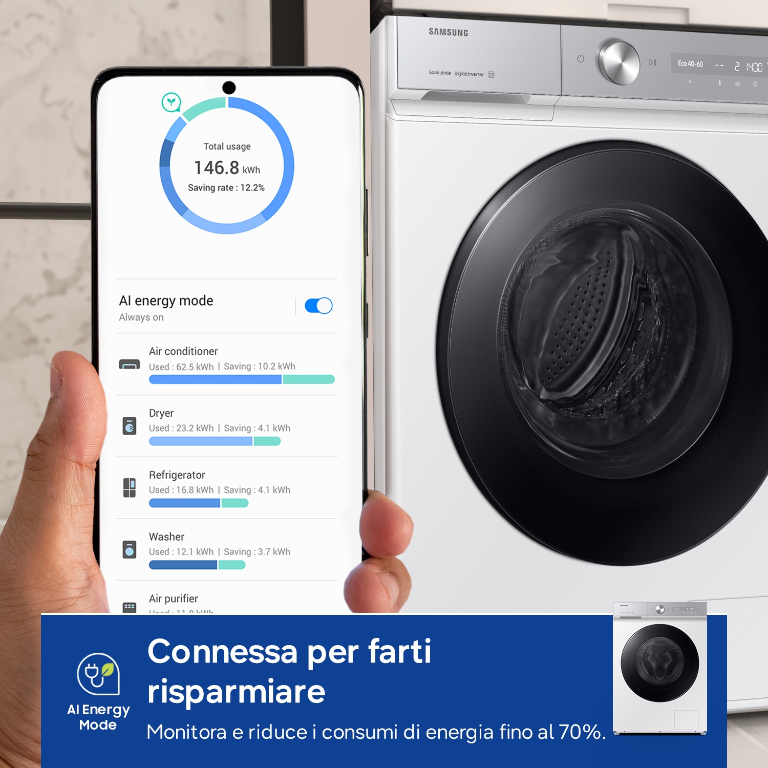 Uno smartphone mostra il consumo energetico. Accanto c'è una lavatrice Samsung.