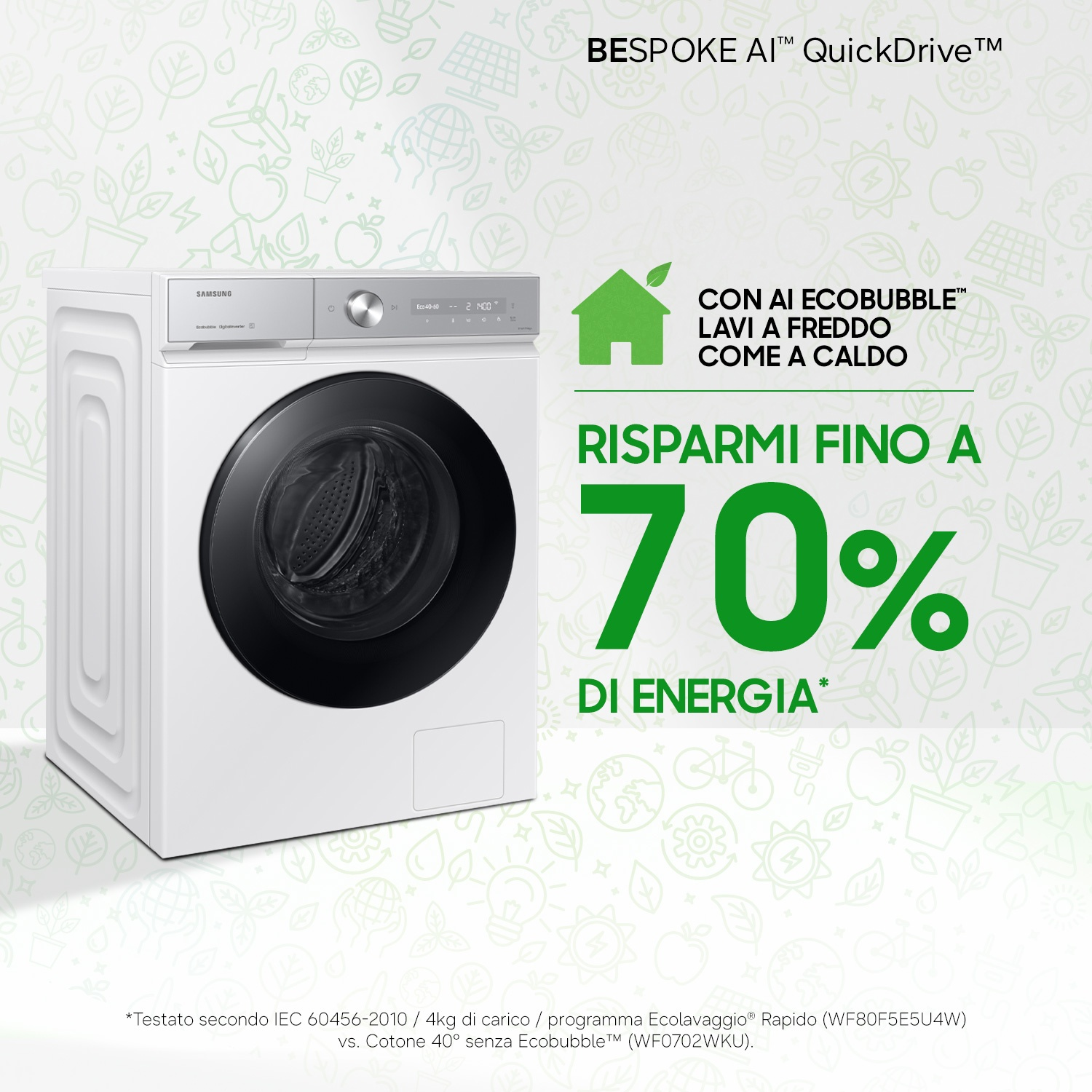 Lavatrice Samsung bianca con display digitale e icone verdi.